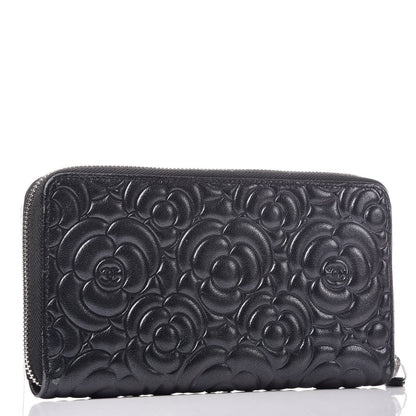 Chanel Lambskin Camellia Embossed Large Zip Around Gusset Wallet Black 3 of 14