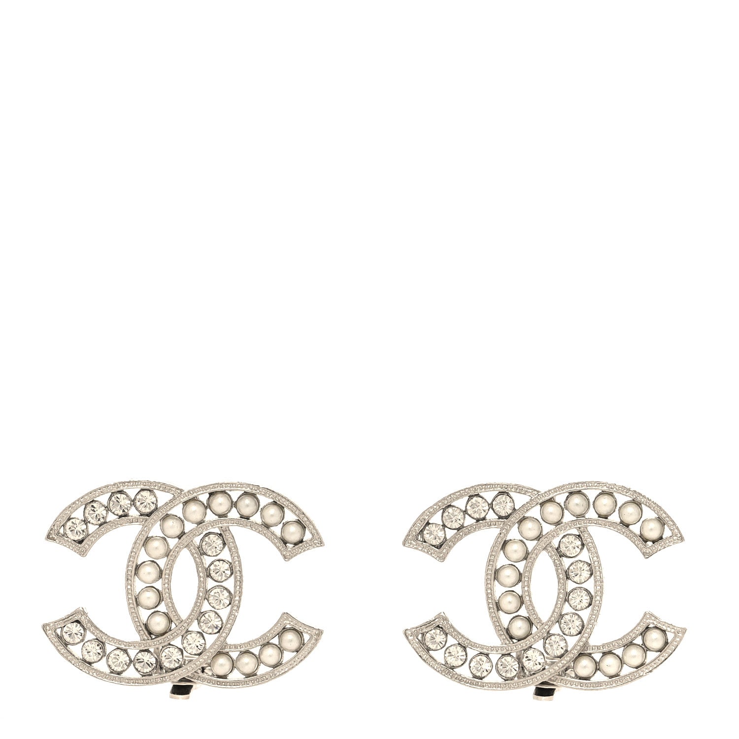 Chanel Crystal Pearl CC Clip On Earrings Silver 1 of 4