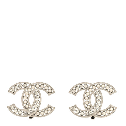 Chanel Crystal Pearl CC Clip On Earrings Silver 1 of 4