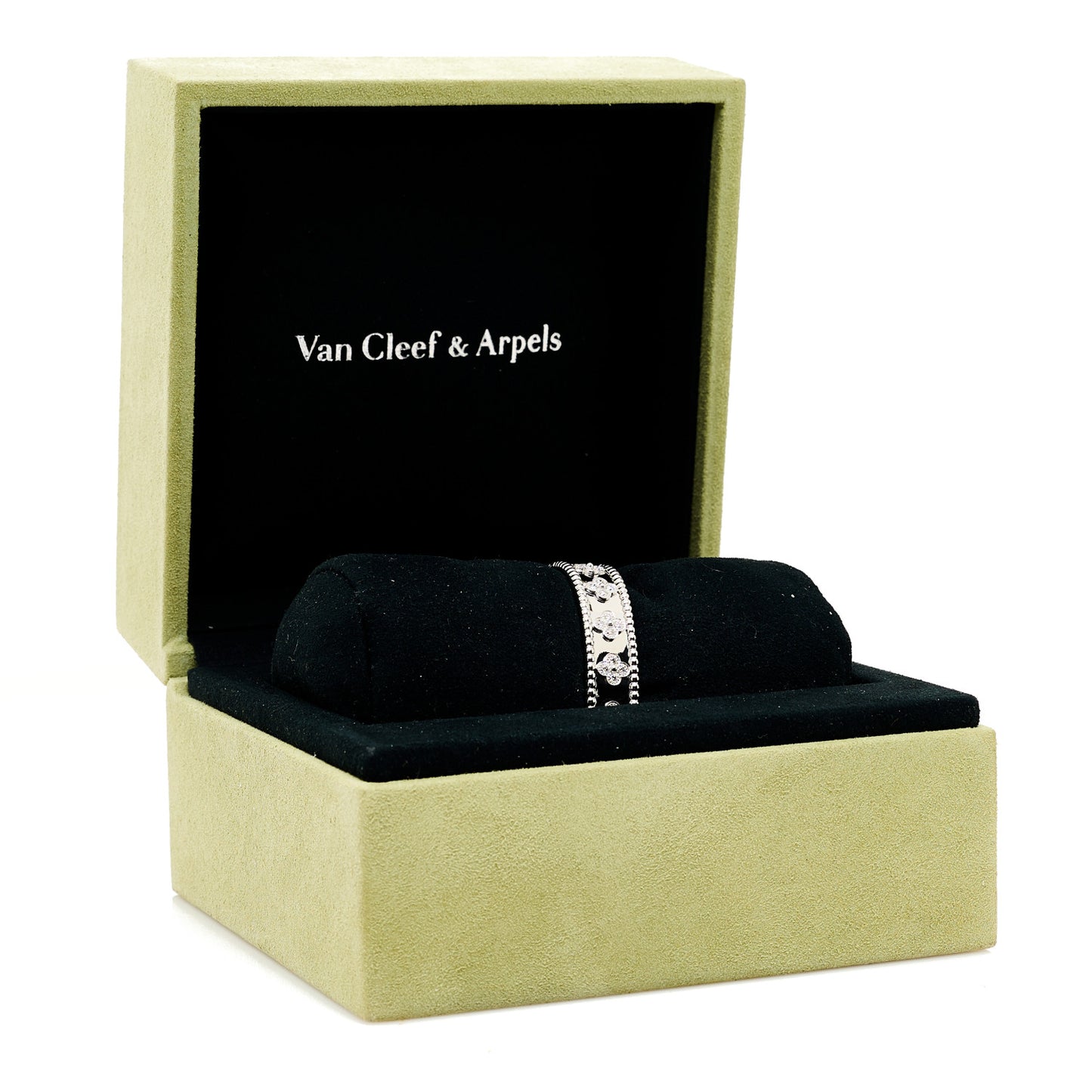 18K White Gold Diamond Perlee Clovers Bangle Bracelet S