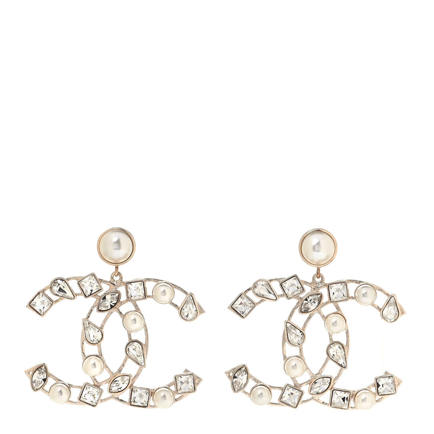 Chanel Metal Glass Pearl CC Crystal Snowfall CC Drop Earrings Light Gold 1 of 4