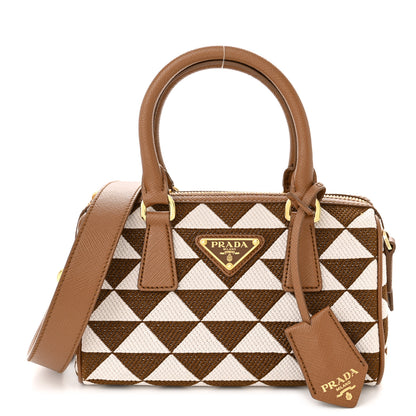 Prada Jacquard Saffiano Triangolo Symbole Embroidered Top Handle Crossbody Bag Tobacco Talco 1 of 10