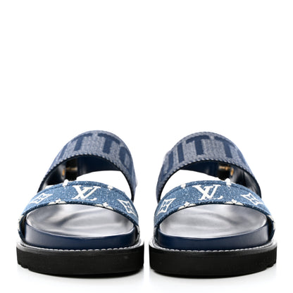 Louis Vuitton Monogram Denim Paseo Flat Comfort Sandals 37.5 Navy Blue 2 of 12