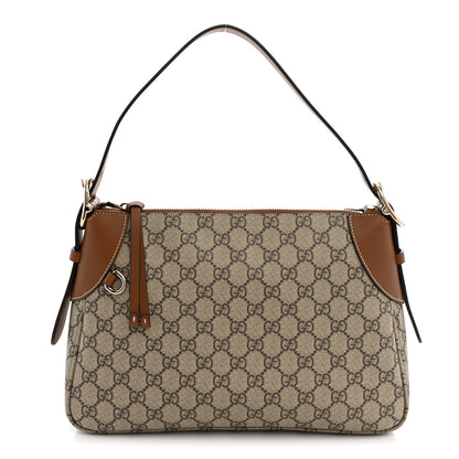 Gucci GG Supreme Monogram Textured Calfskin Medium Emblem Shoulder Bag Beige Dark Brown 1 of 10