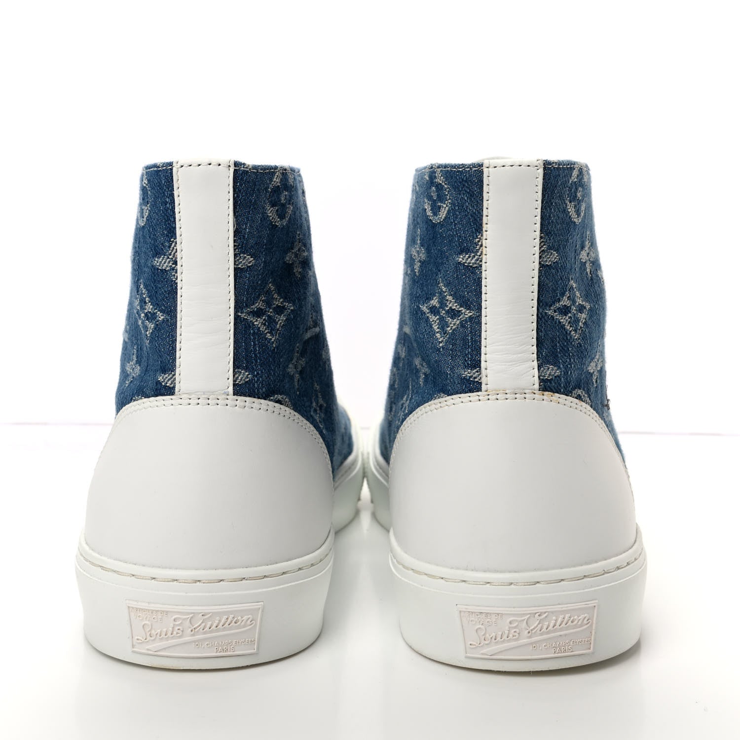 Louis Vuitton Calfskin Denim Monogram Mens Tattoo Sneaker Boots 9 White Blue 7 of 10