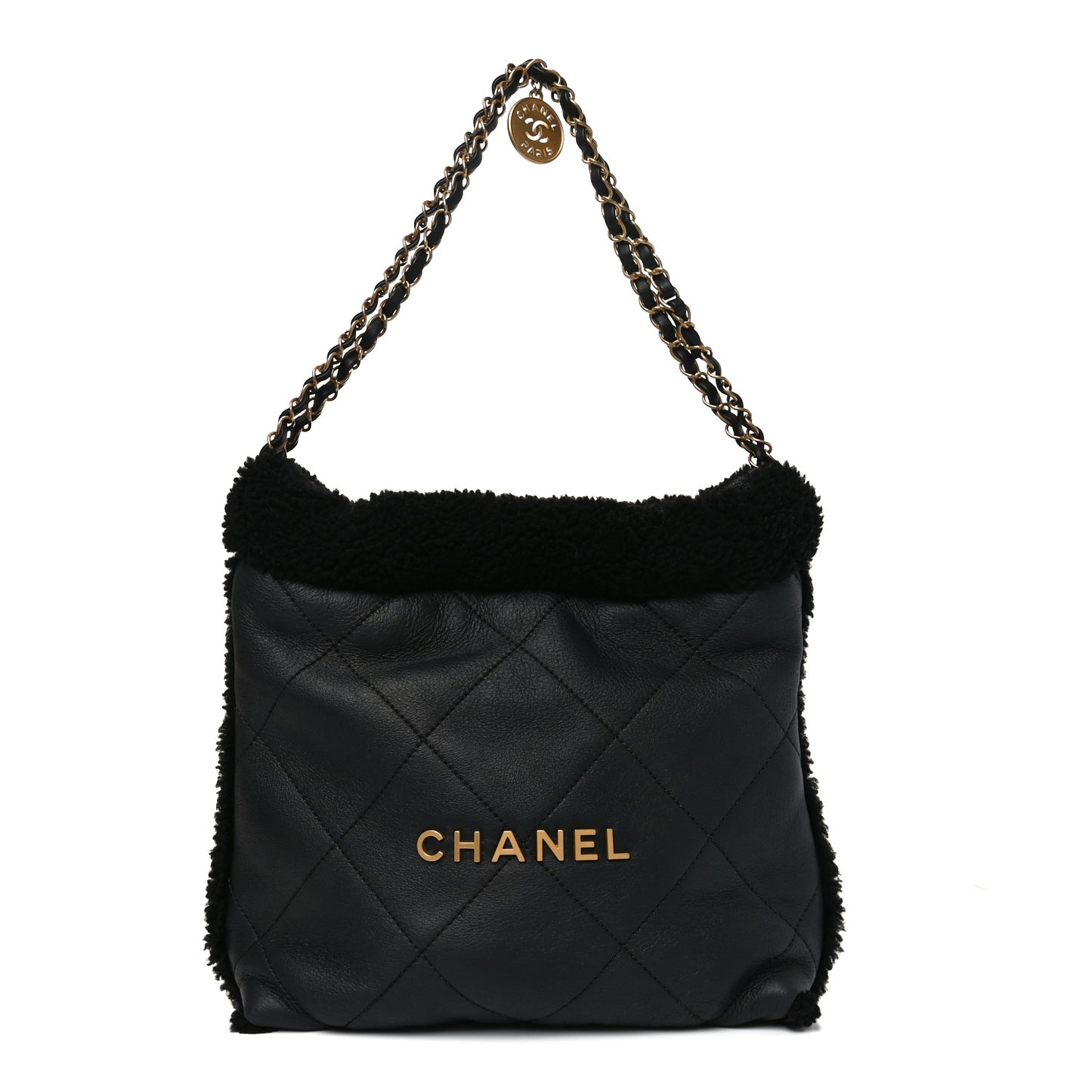 Aged Lambskin Shearling Quilted Small Chanel 22 Black