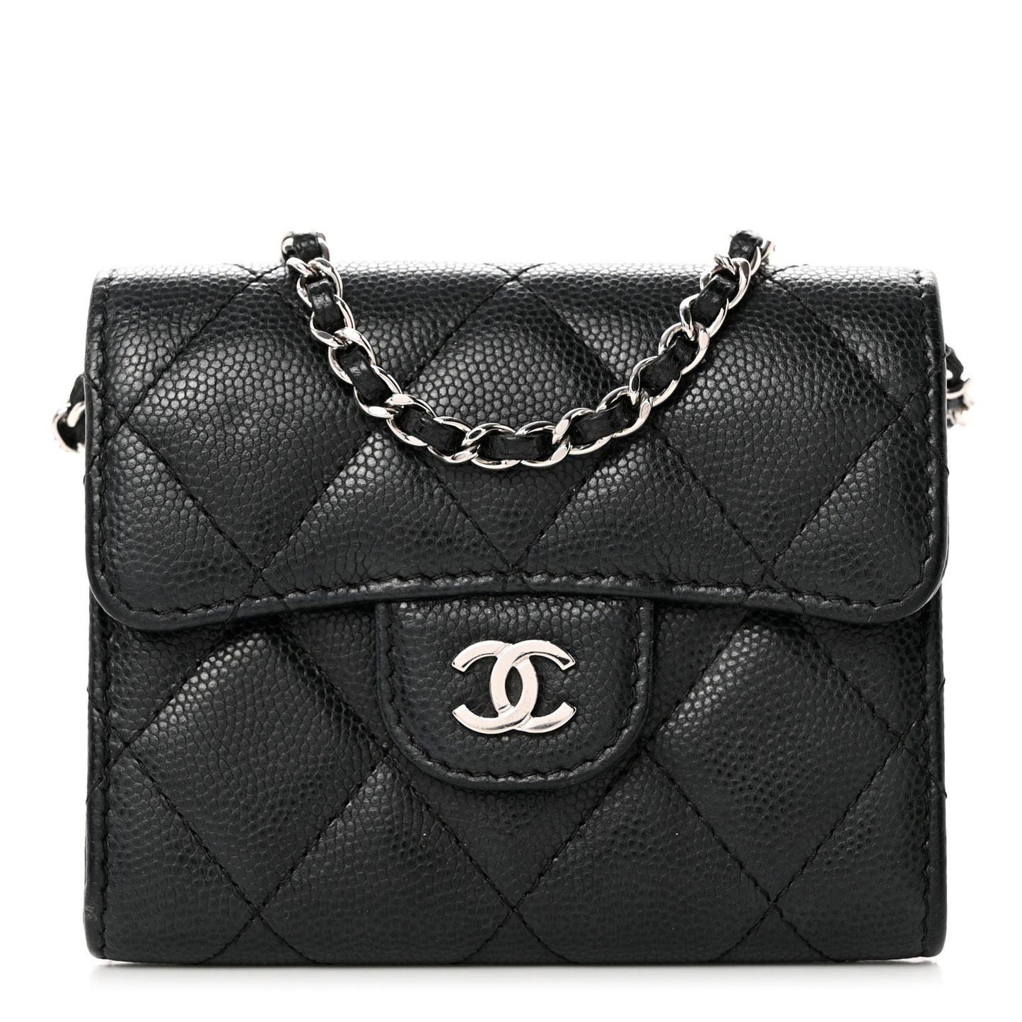 Caviar Quilted Flap Card Holder On Chain Black