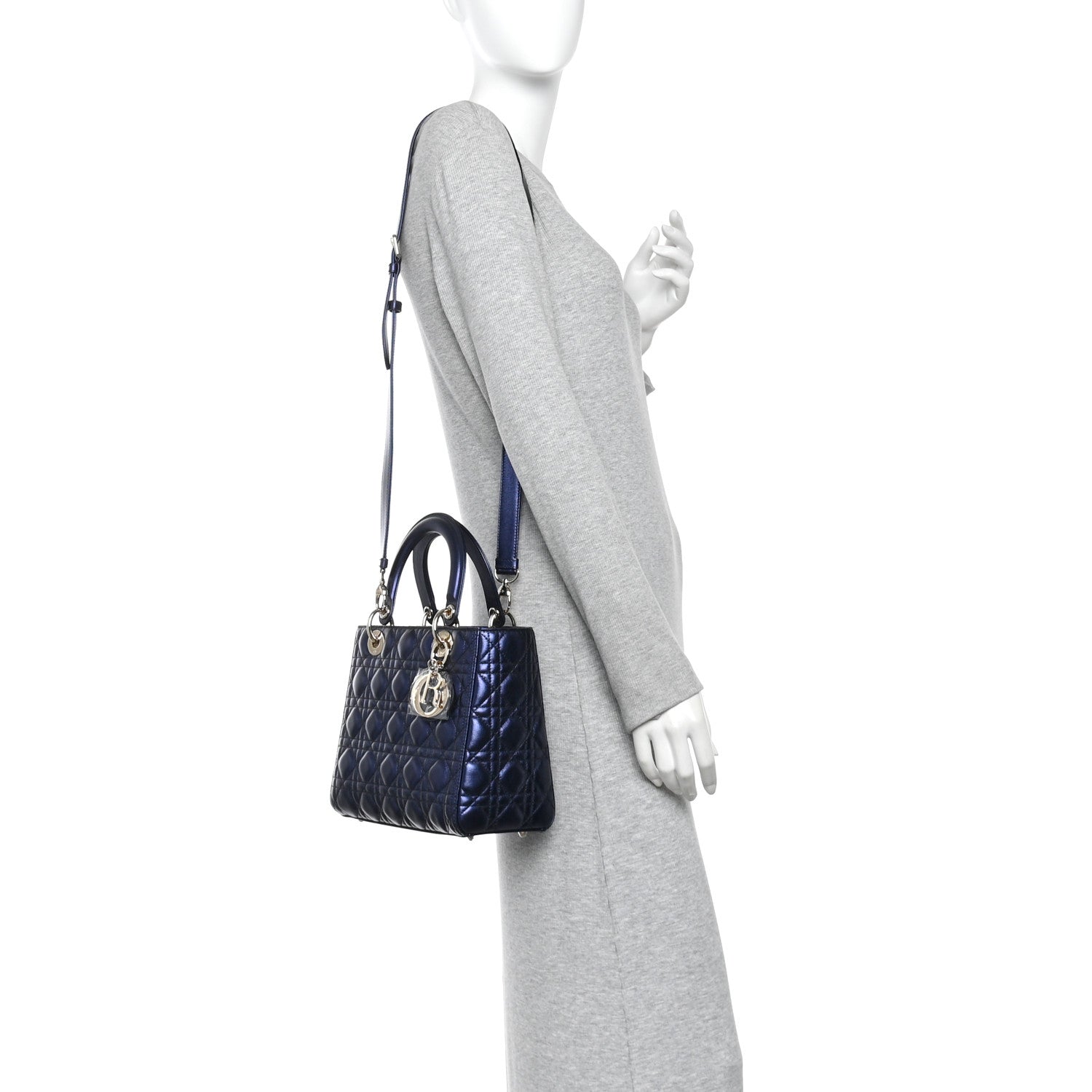 Christian Dior Metallic Calfskin Cannage Medium Lady Dior Blue