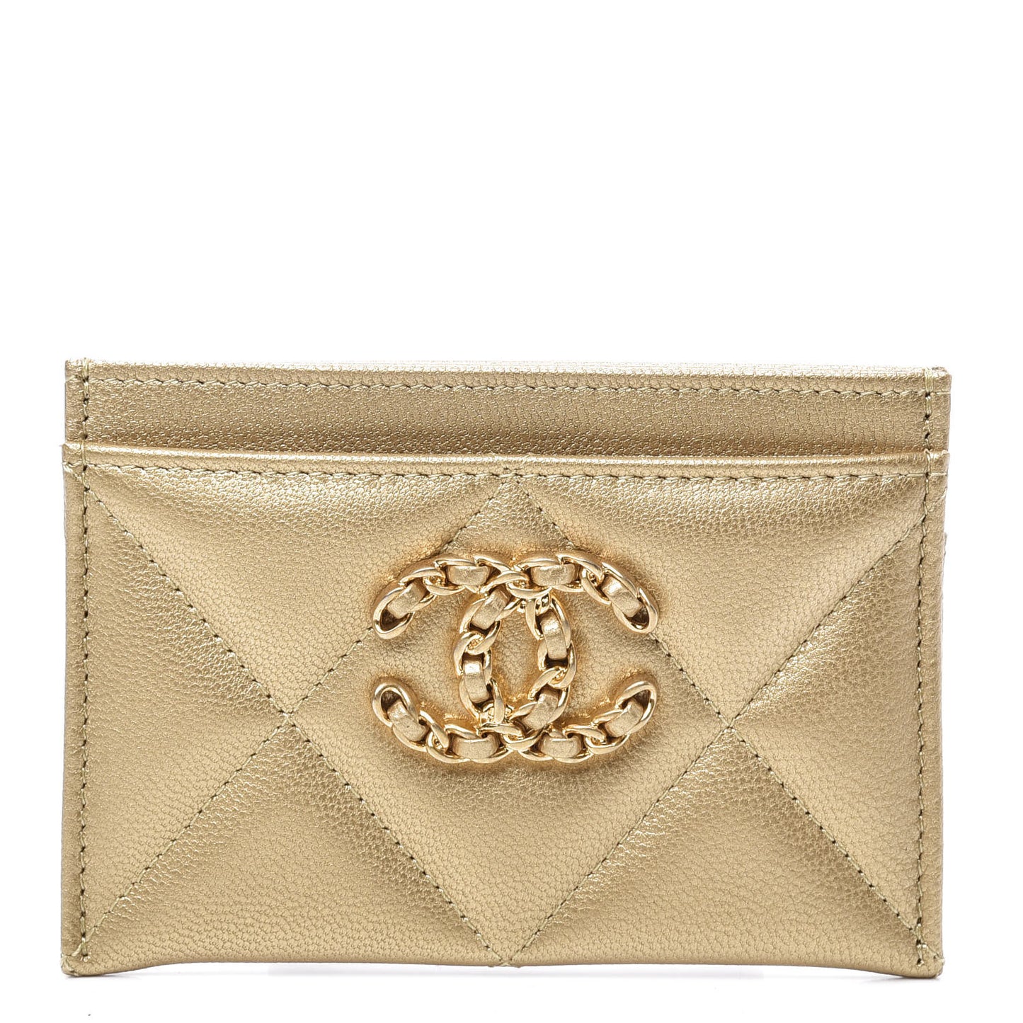 Metallic Goatskin Quilted Chanel 19 Card Holder Gold