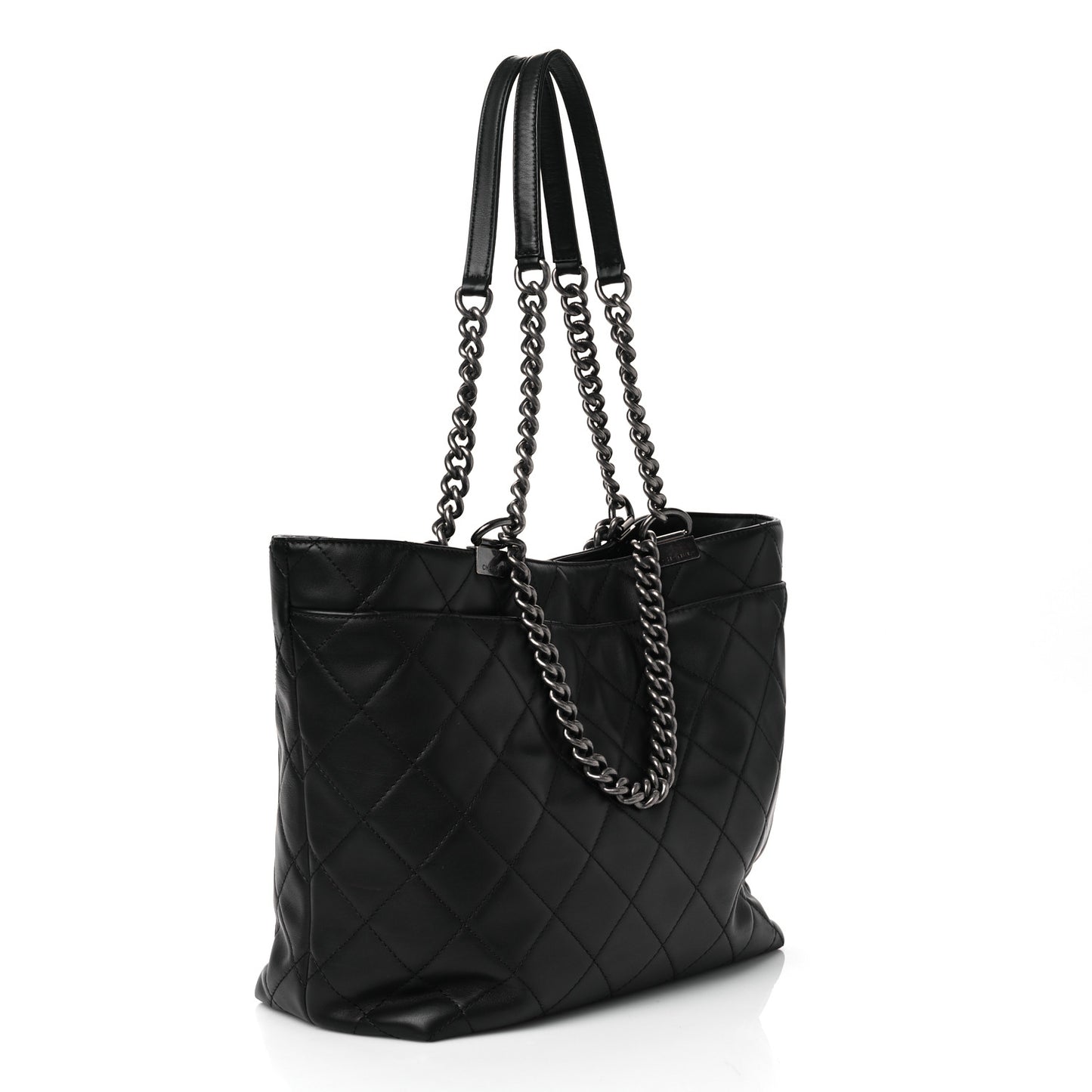 Calfskin Quilted Large Shopping In Chains Tote Black