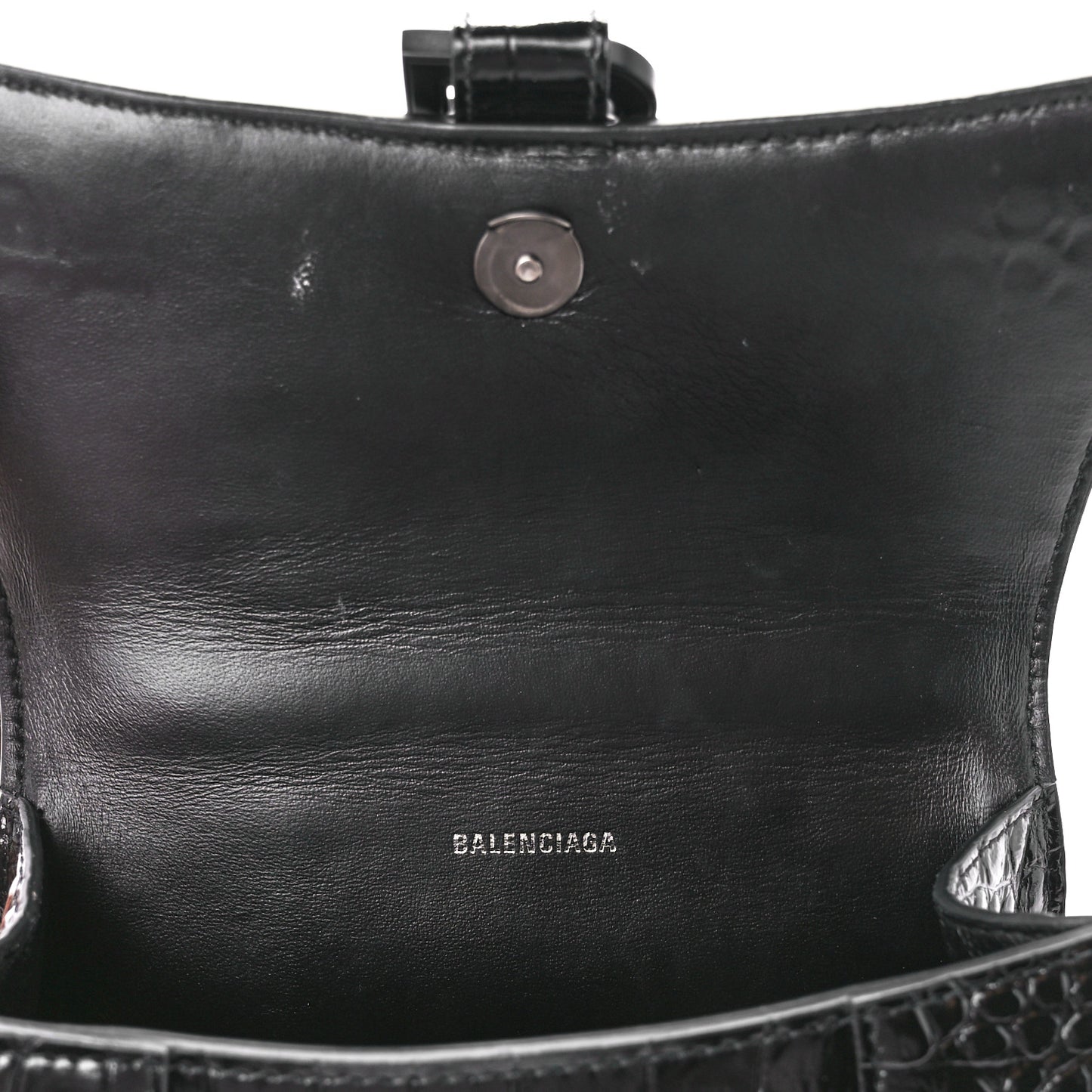 Shiny Calfskin Monochrome Crocodile Embossed Hourglass Top Handle Bag XS Black