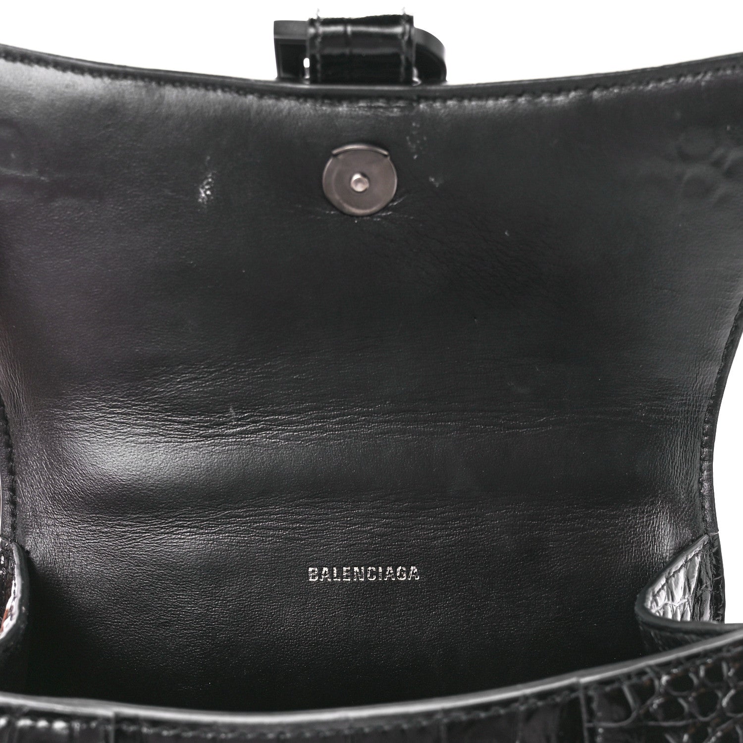 Balenciaga Shiny Calfskin Monochrome Crocodile Embossed Hourglass Top Handle Bag XS Black 6 of 9