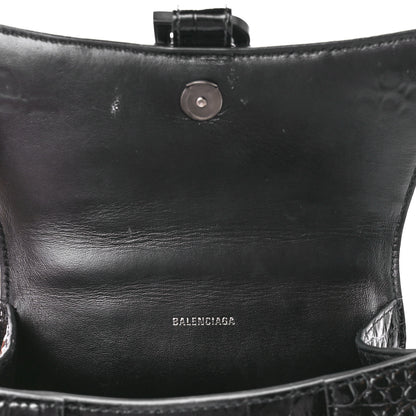 Balenciaga Shiny Calfskin Monochrome Crocodile Embossed Hourglass Top Handle Bag XS Black 6 of 9