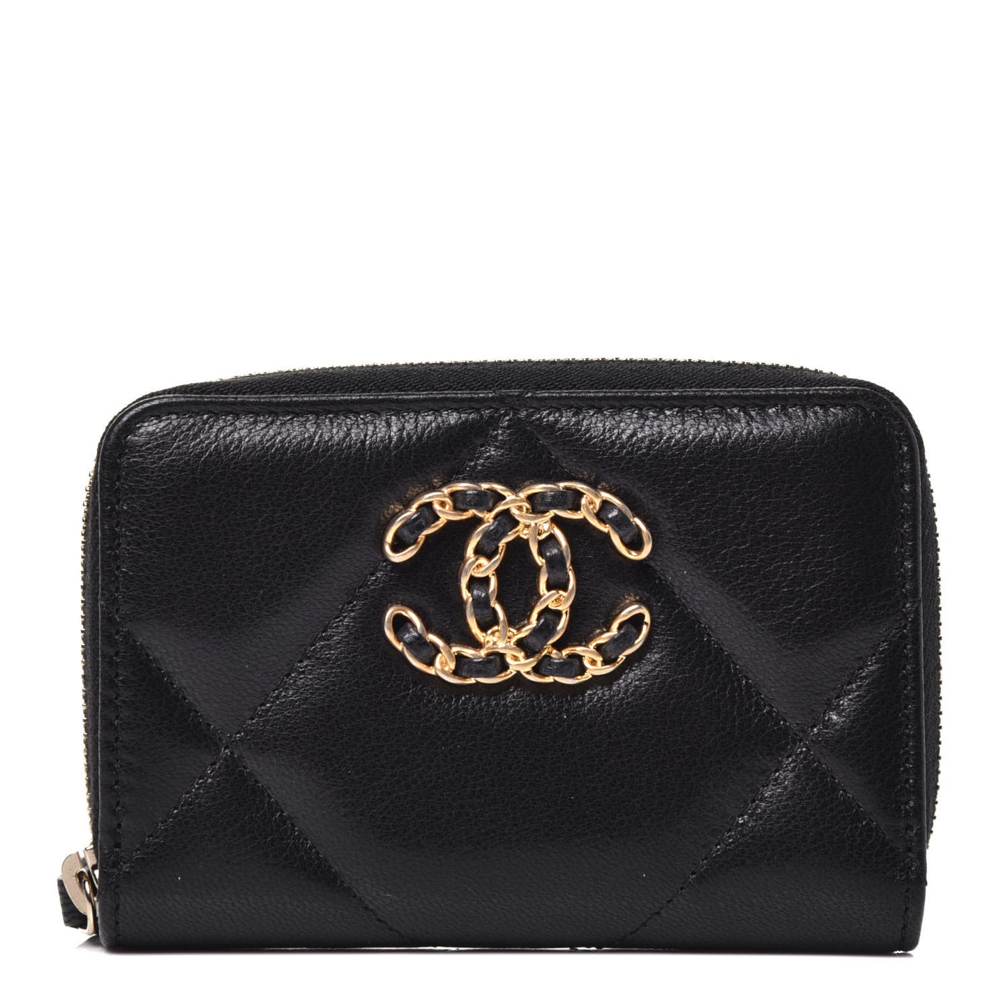 Goatskin Quilted Chanel 19 Zip Around Coin Purse Wallet Black