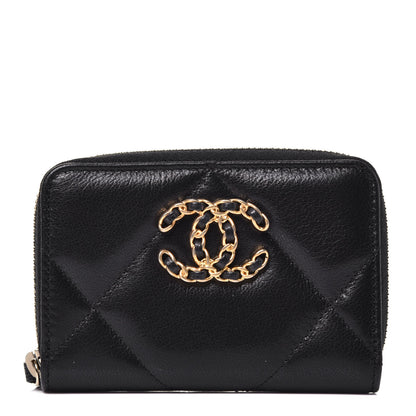 Chanel Goatskin Quilted Chanel 19 Zip Around Coin Purse Wallet Black 1 of 7