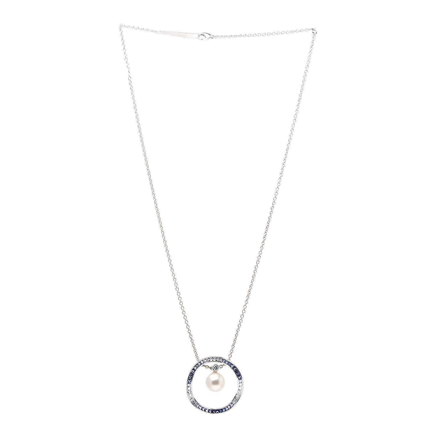 Mikimoto 18K White Gold Sapphire Diamond Akoya Pearl 9.5-10mm Elements of Life Pendant Necklace 3 of 6