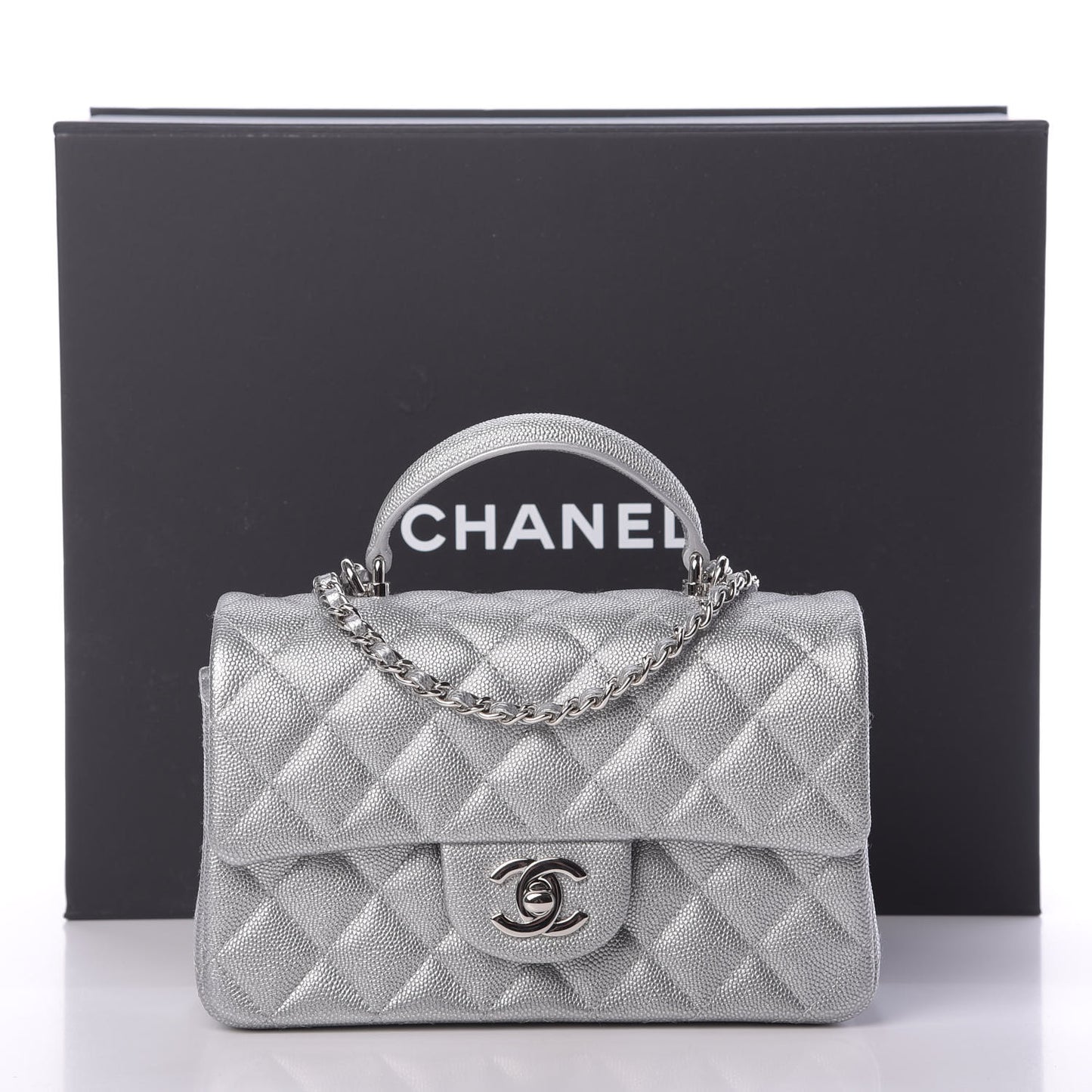 Metallic Caviar Quilted Mini Top Handle Rectangular Flap Silver