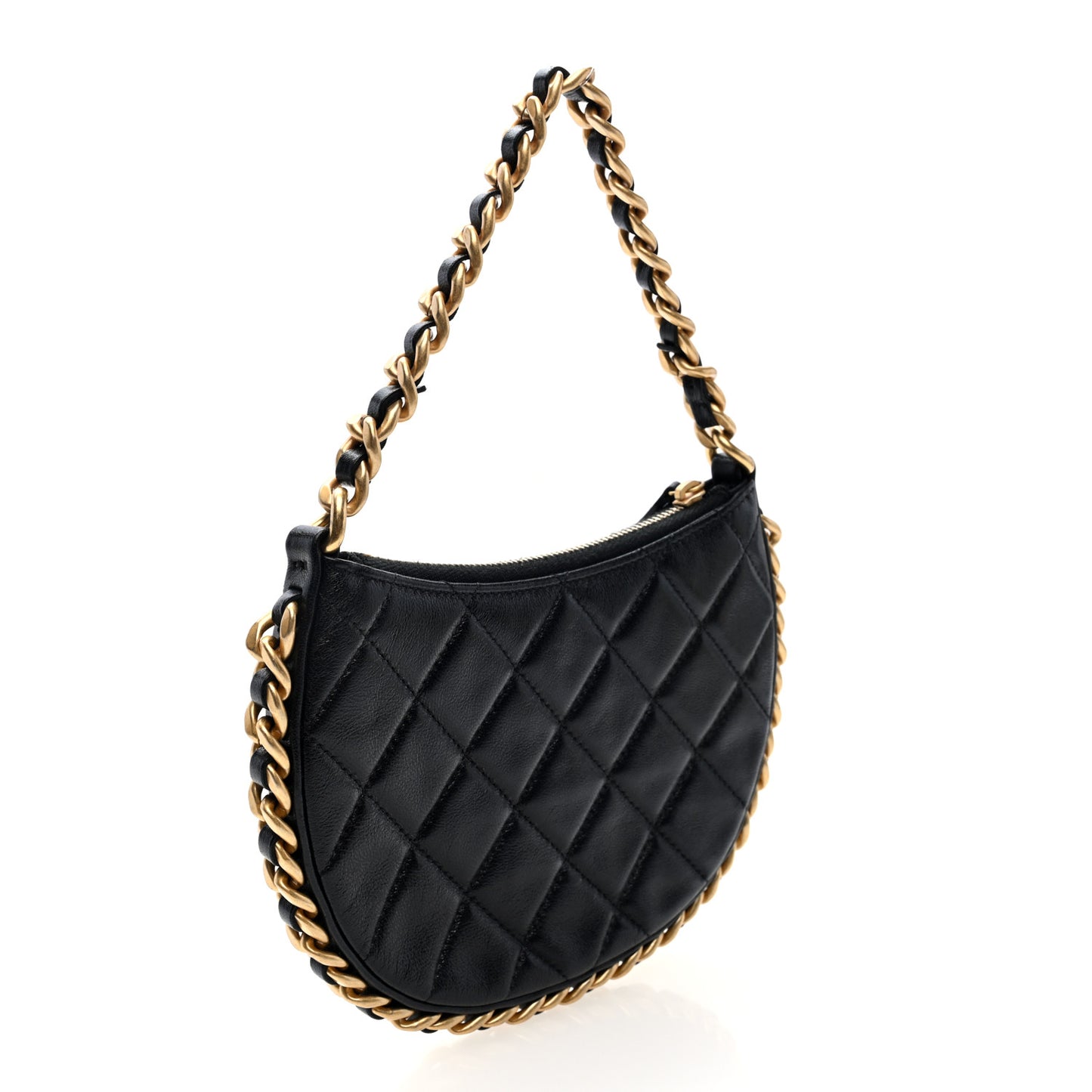 Shiny Crumbled Lambskin Quilted Round Small CC Hobo Black