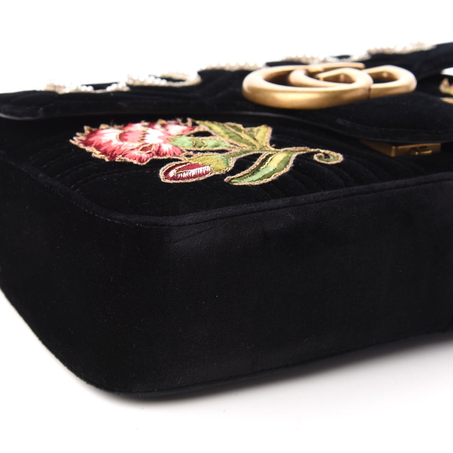 Velvet Matelasse Loved Embroidered Medium GG Marmont Shoulder Bag Black