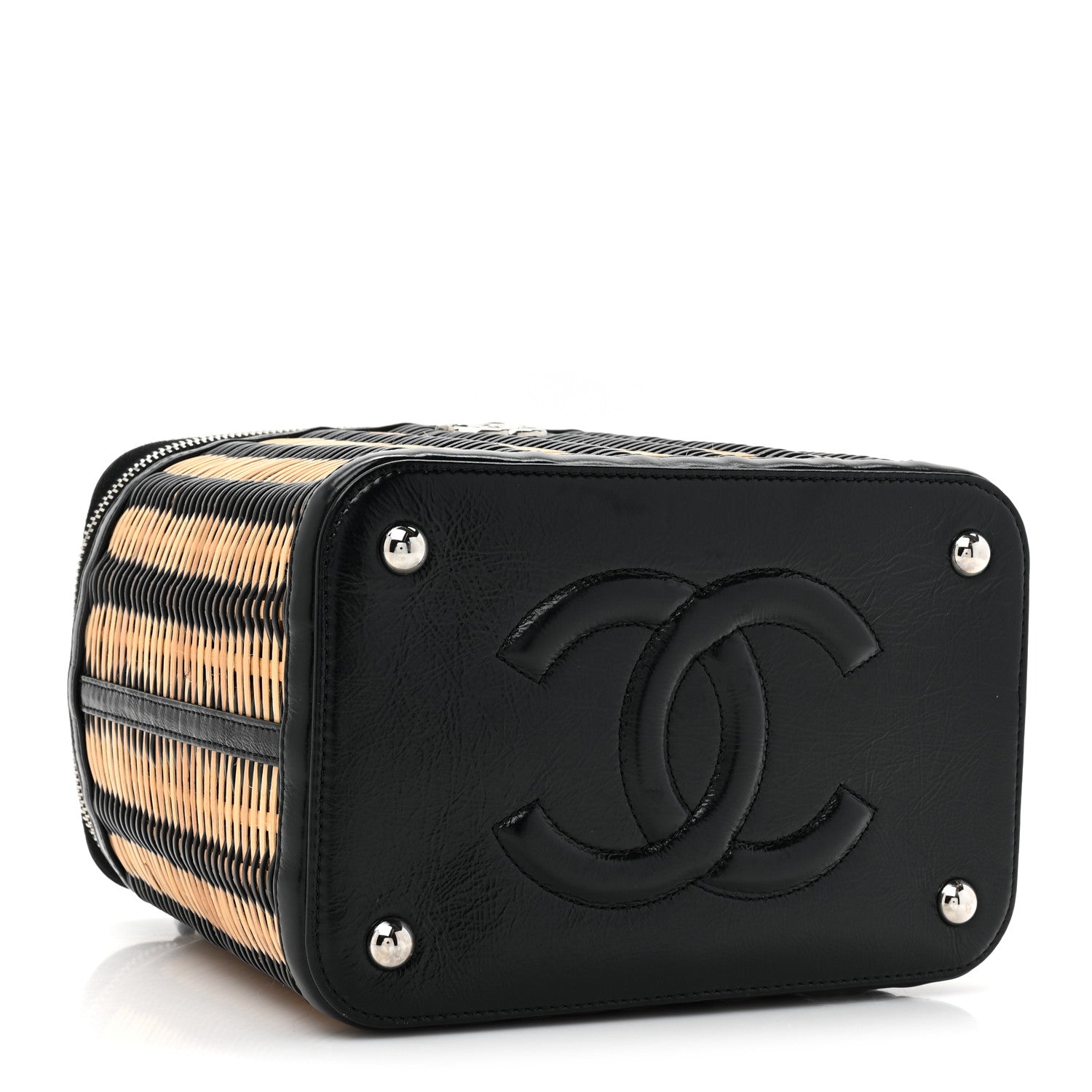 Chanel Glazed Calfskin Raffia Vanity Case Bag Black Beige 4 of 10