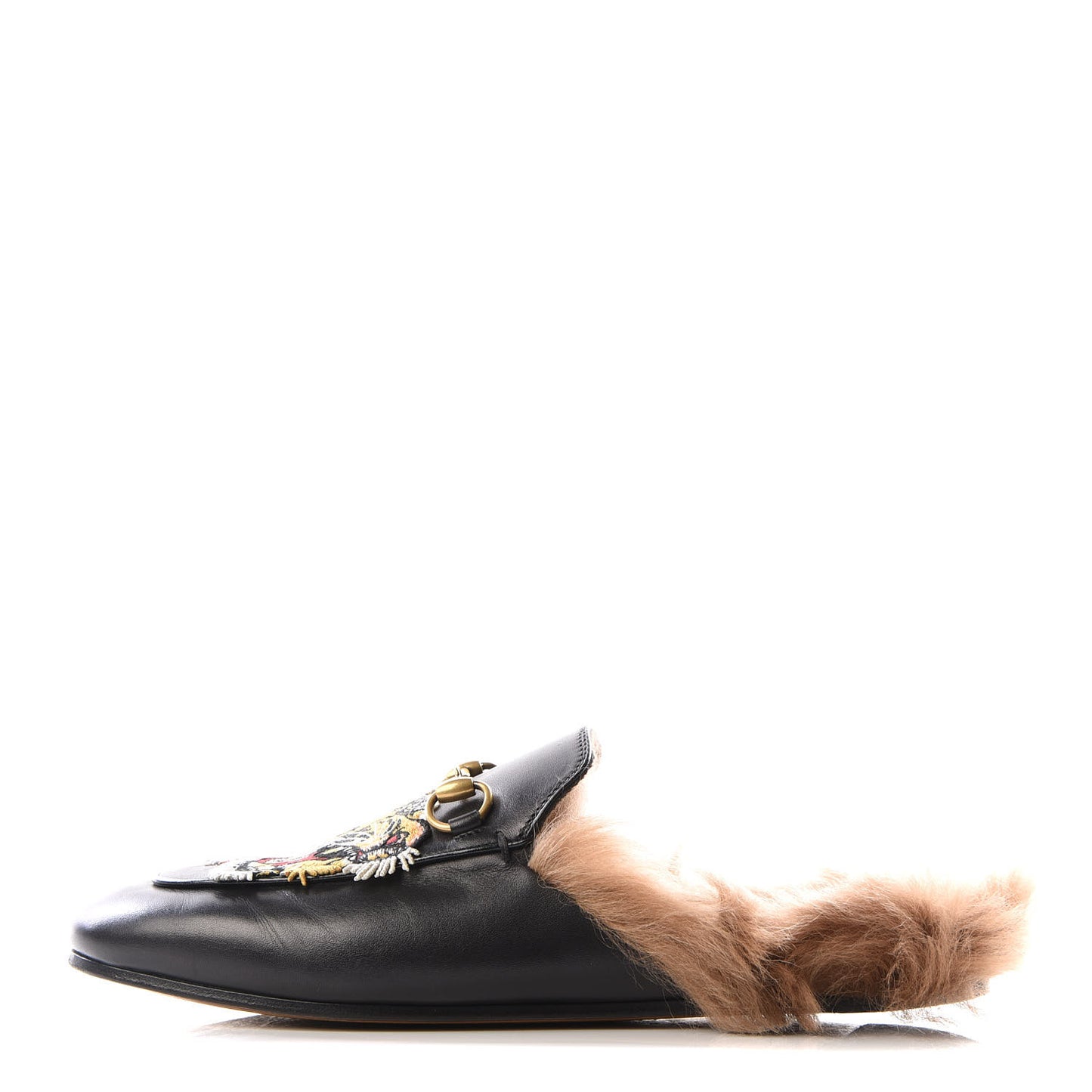 Calfskin Lambswool Tiger Embroidered Womens Princetown Slippers 37.5 Black