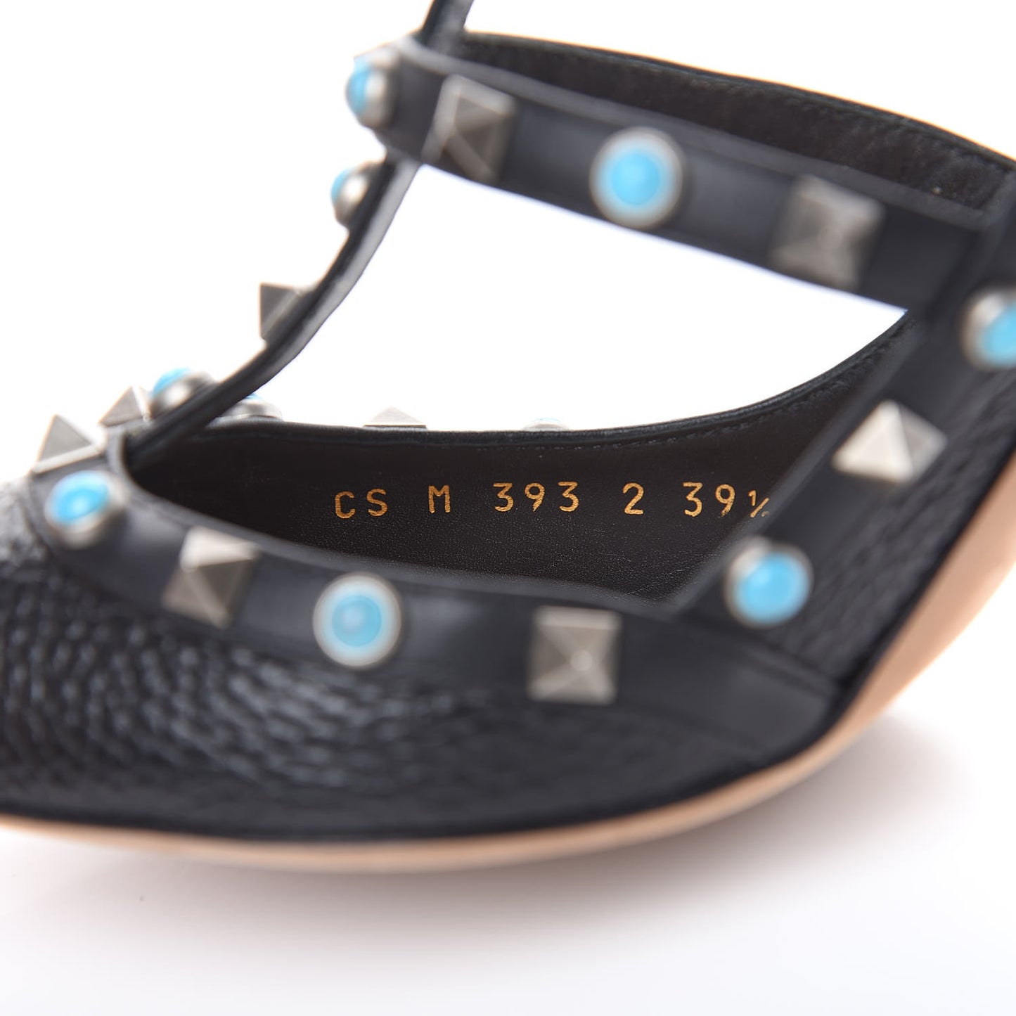 Pebbled Calfskin Turquoise Rockstud Rolling Ankle Strap 100mm Pumps 39.5 Black