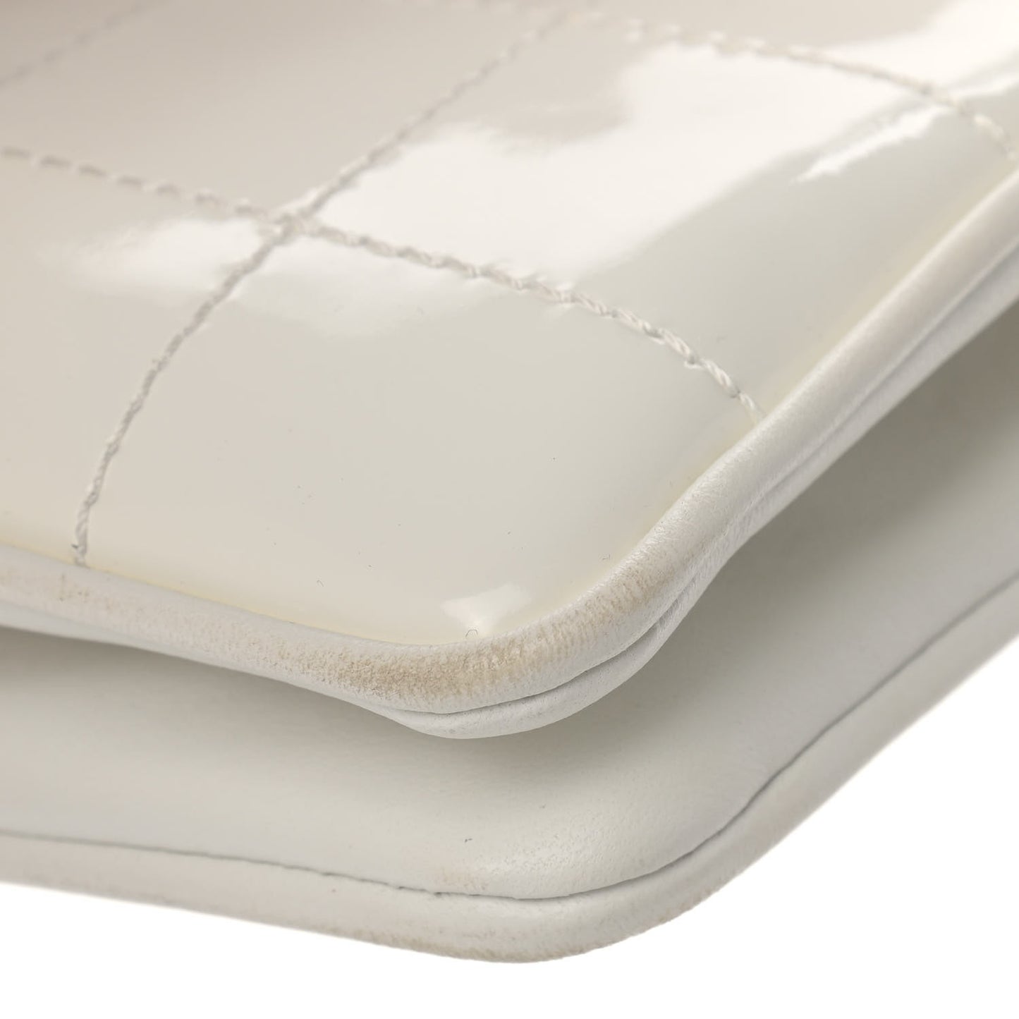 Patent Square Stitched CC Flap Clutch White