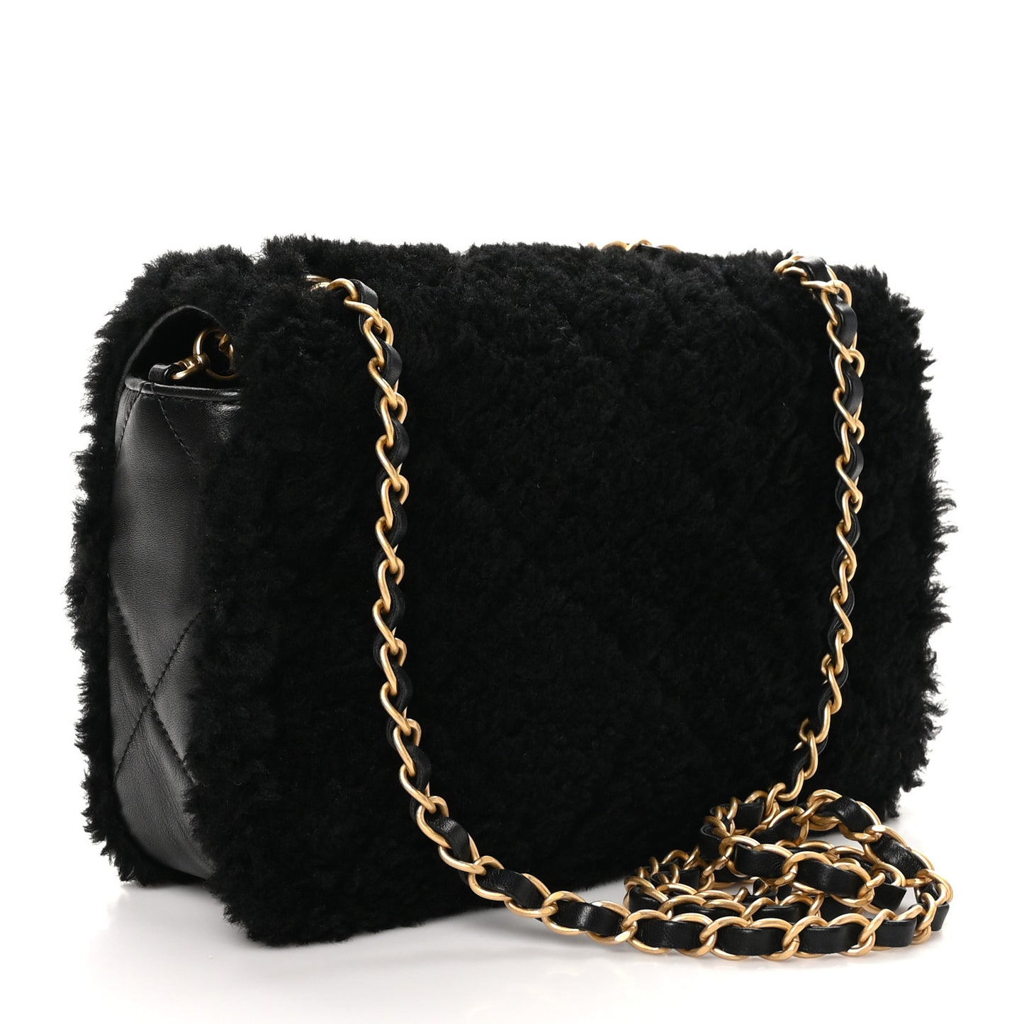 Shearling Lambskin Quilted Furry Coco Flap Black