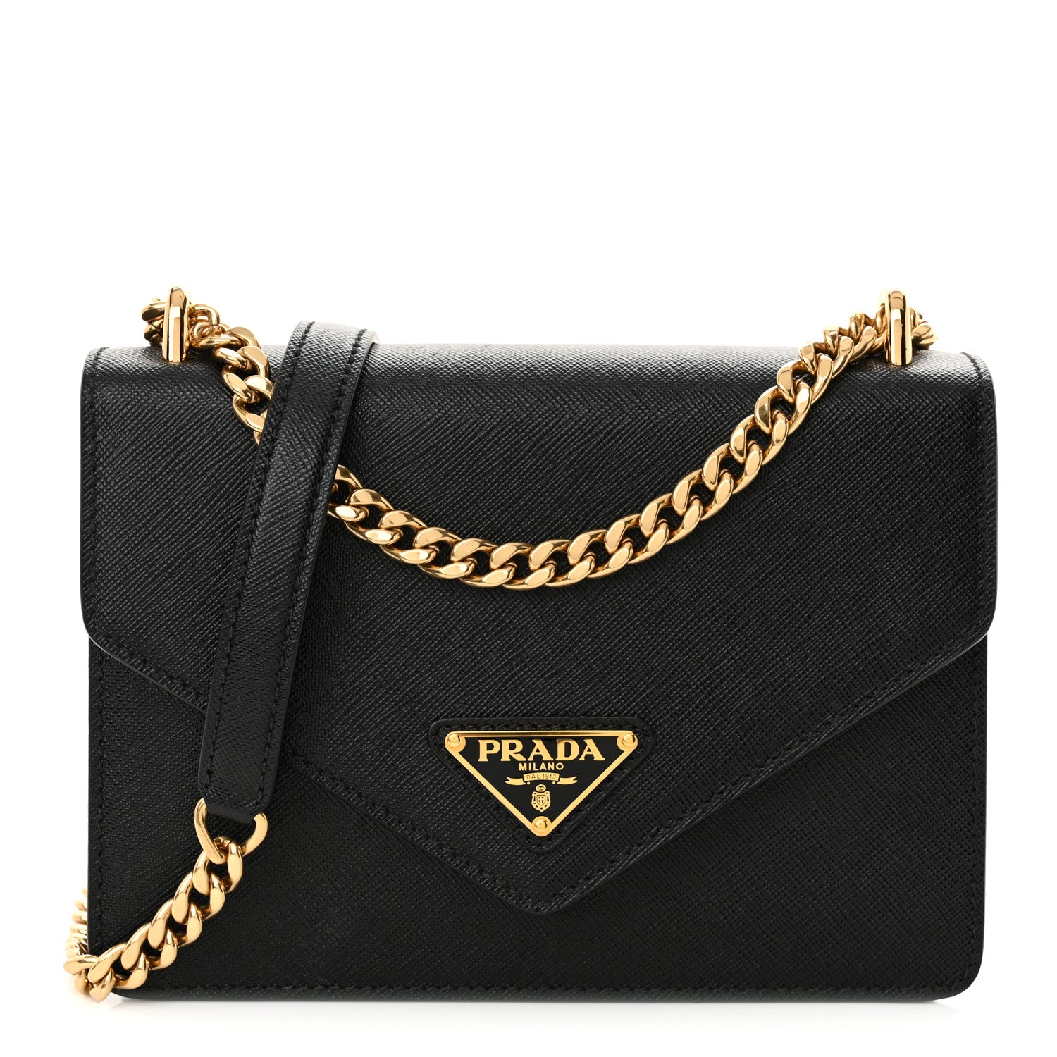 Prada Saffiano Soft Calfskin Metal Triangle Logo Envelope Chain Shoulder Bag Black 1 of 9