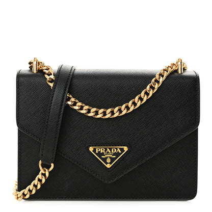 Prada Saffiano Soft Calfskin Metal Triangle Logo Envelope Chain Shoulder Bag Black 1 of 9