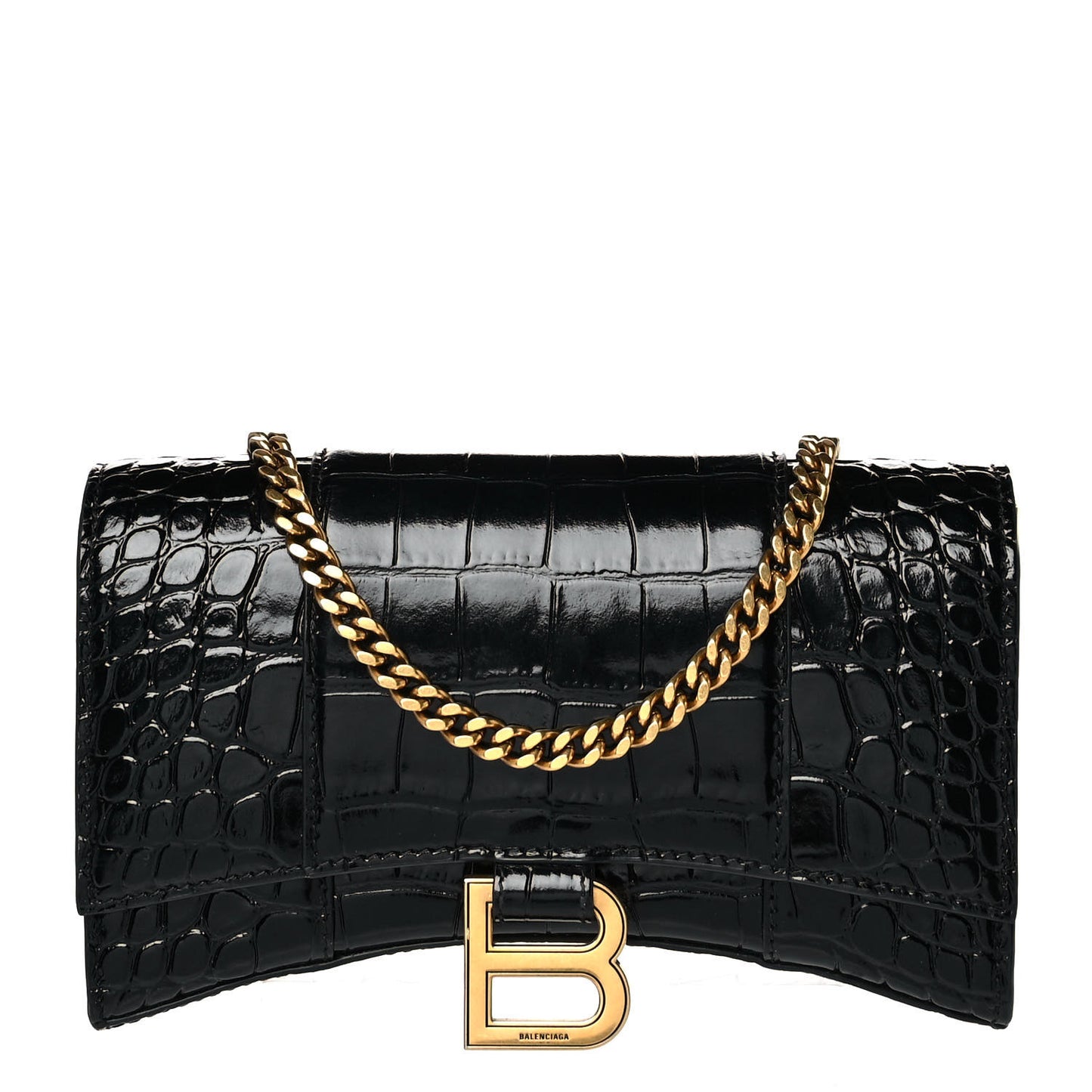 Shiny Calfskin Crocodile Embossed Hourglass Chain Bag Black