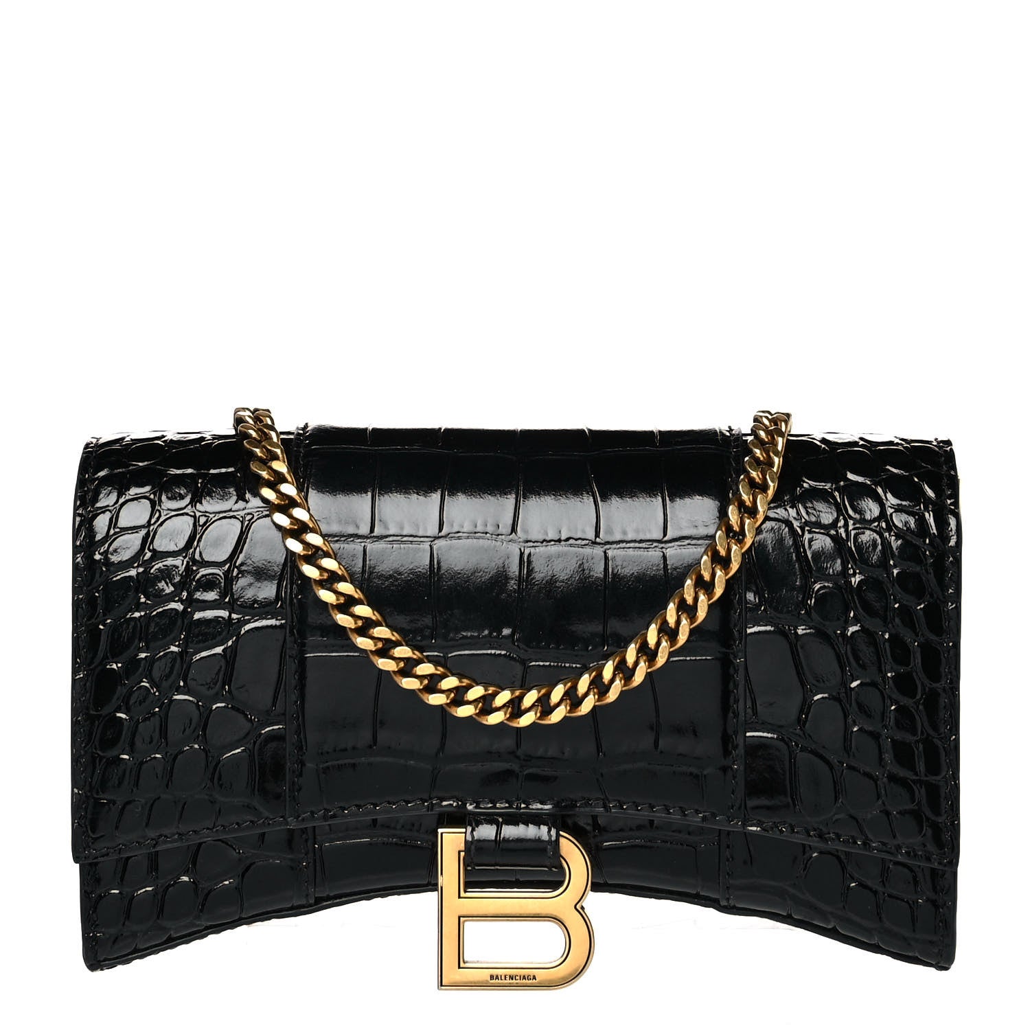 Balenciaga Shiny Calfskin Crocodile Embossed Hourglass Chain Bag Black 1 of 9