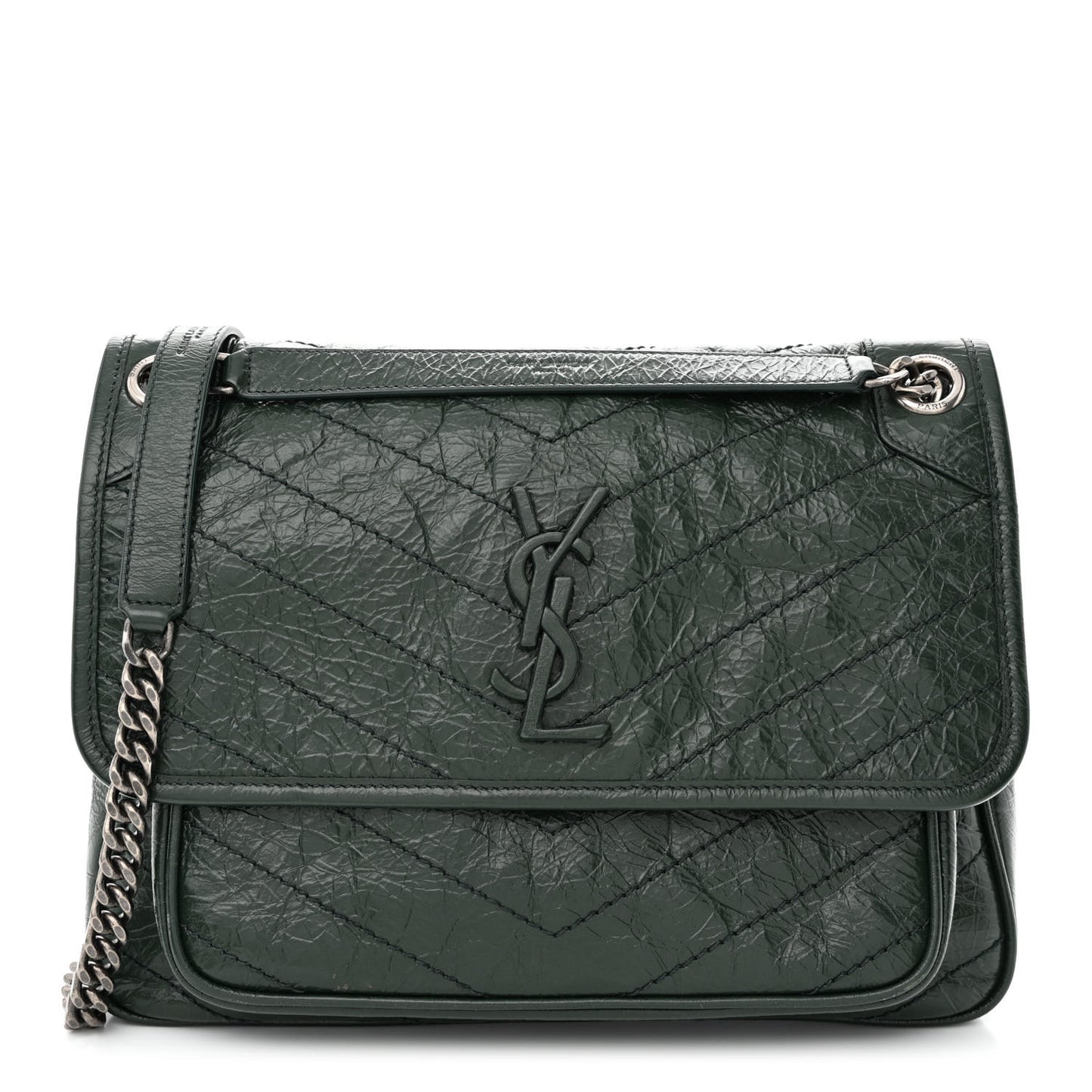 Crinkled Calfskin Matelasse Monogram Medium Niki Chain Satchel Dark Green