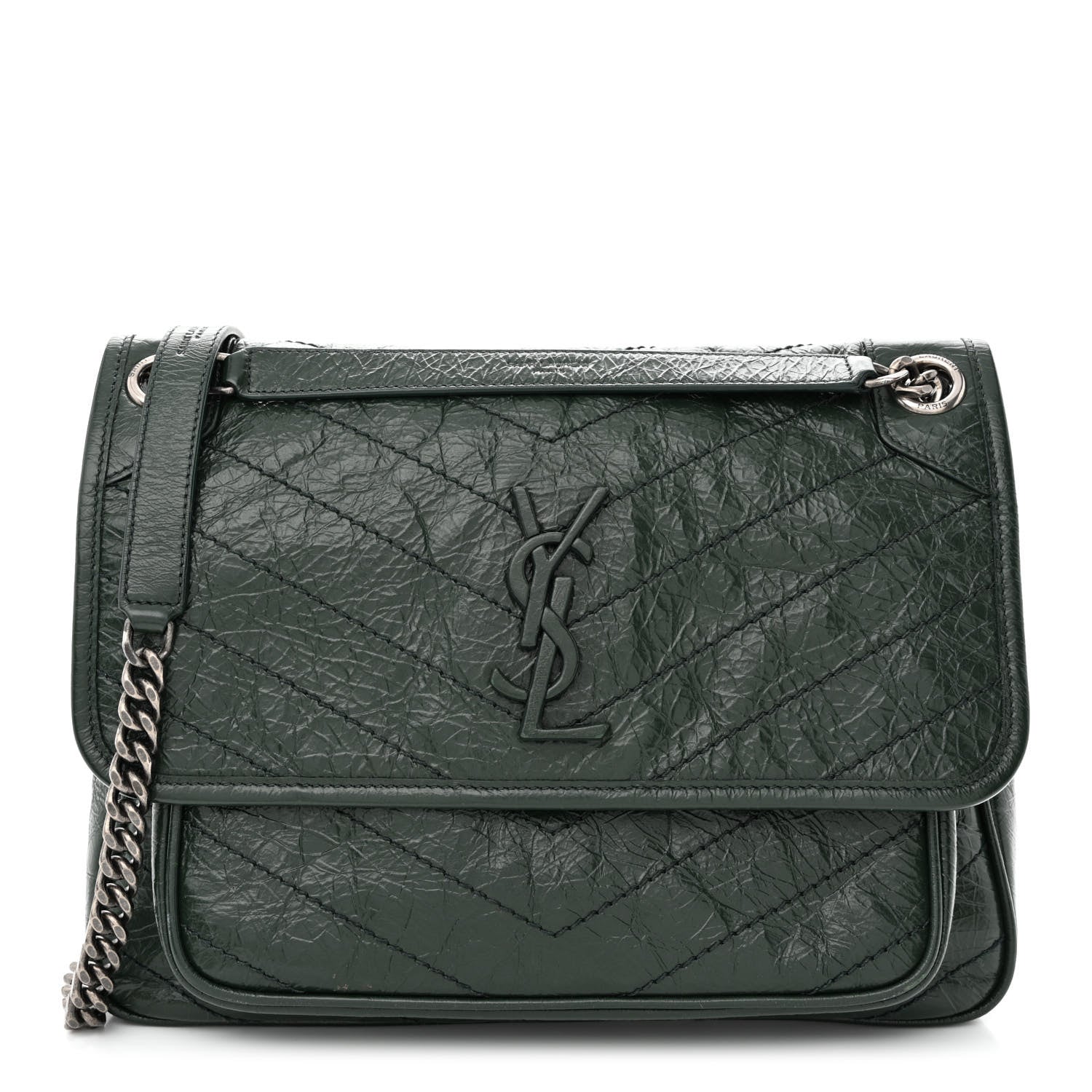 Saint Laurent Crinkled Calfskin Matelasse Monogram Medium Niki Chain Satchel Dark Green 1 of 10