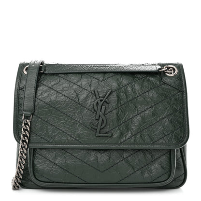 Saint Laurent Crinkled Calfskin Matelasse Monogram Medium Niki Chain Satchel Dark Green 1 of 10