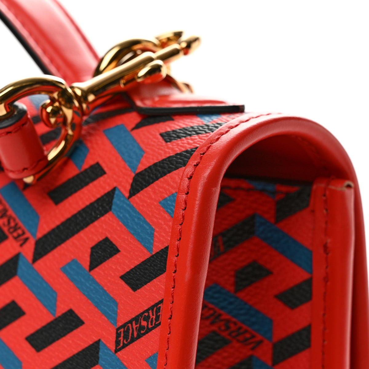 Coated Canvas La Greca Signature Top Handle Bag Blue Red