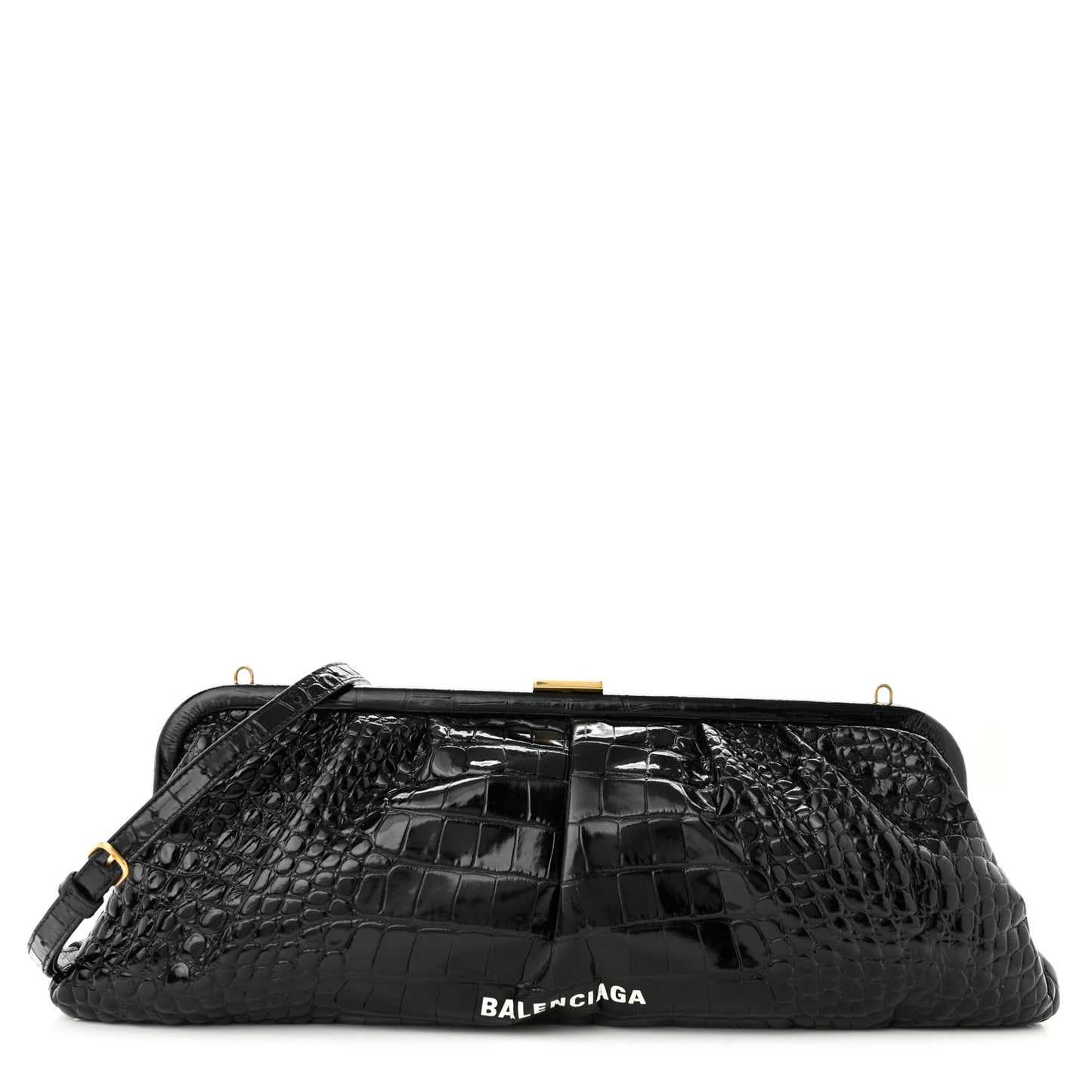 Shiny Supple Calfskin Logo Crocodile Embossed XL Cloud Clutch Black White