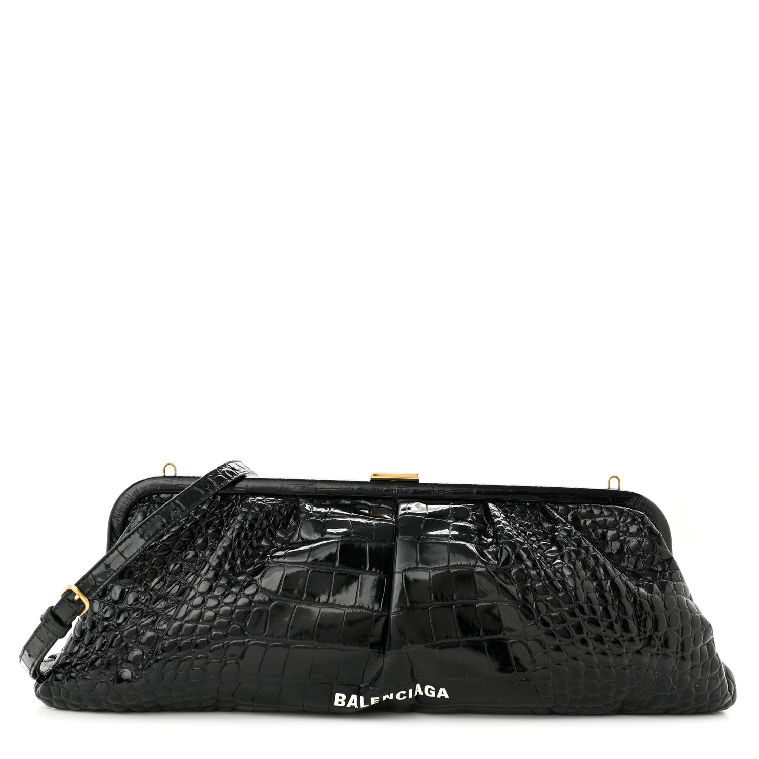 Balenciaga Shiny Supple Calfskin Logo Crocodile Embossed XL Cloud Clutch Black White 1 of 9