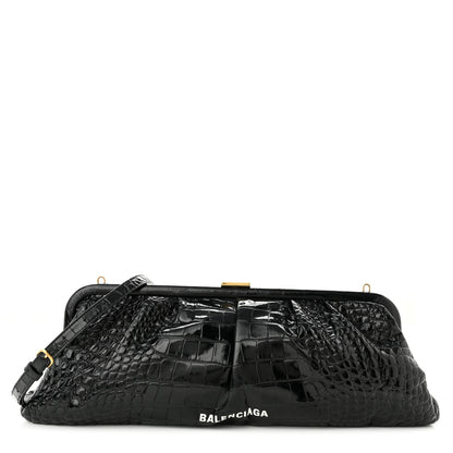 Balenciaga Shiny Supple Calfskin Logo Crocodile Embossed XL Cloud Clutch Black White 1 of 9