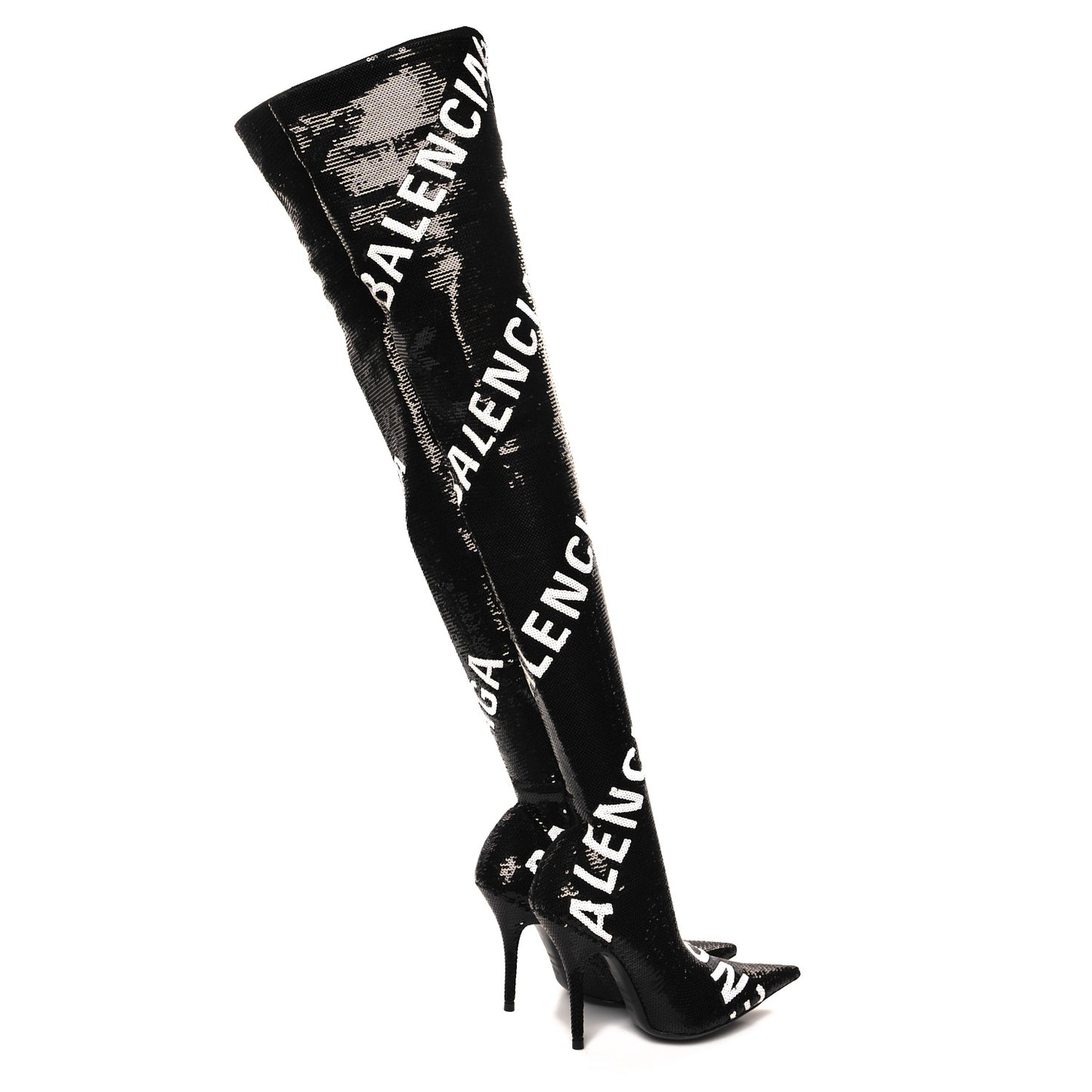 Sequin Spandex Logo 110mm Knife Thigh High Boots 35.5 Black