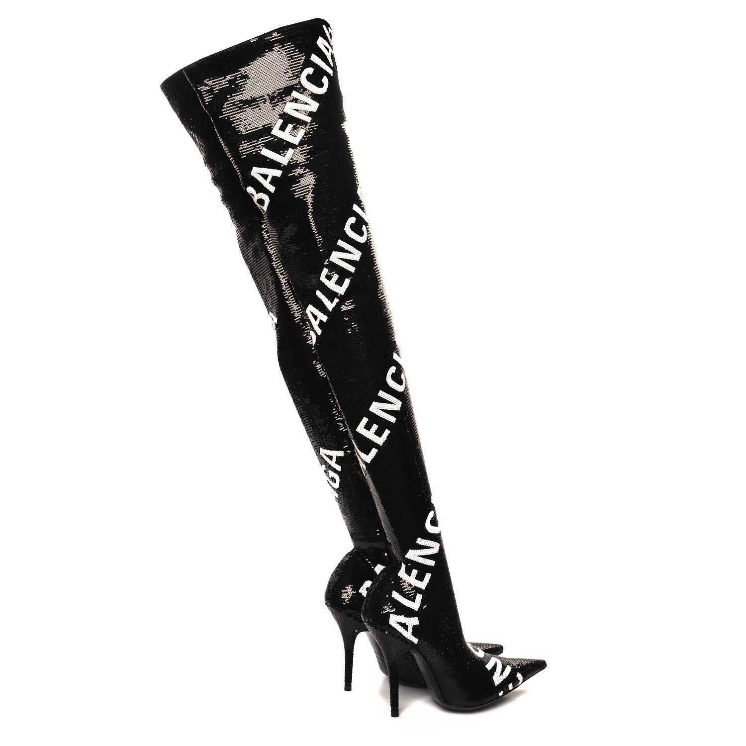Balenciaga Sequin Spandex Logo 110mm Knife Thigh High Boots 35.5 Black 4 of 7