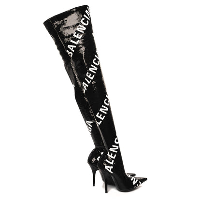 Balenciaga Sequin Spandex Logo 110mm Knife Thigh High Boots 35.5 Black 4 of 7