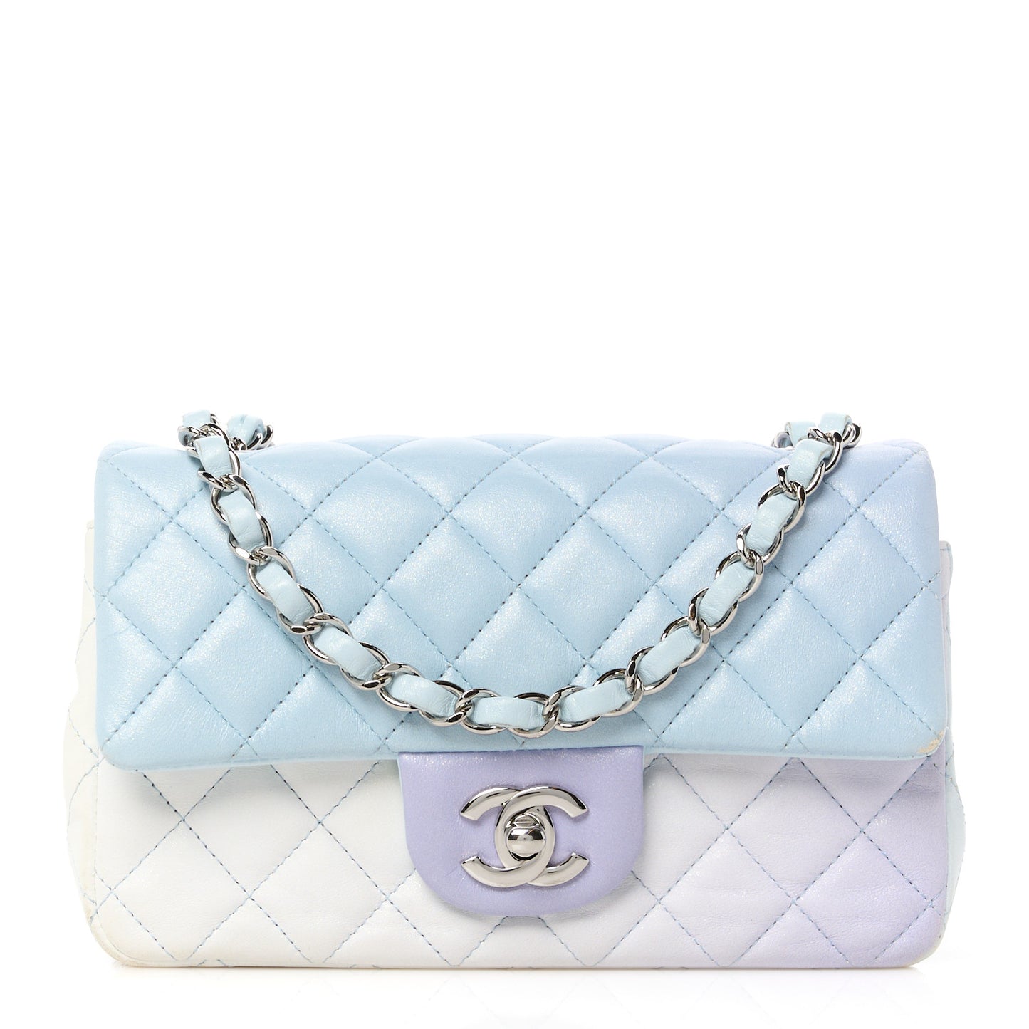 Perforated Lambskin Quilted Mini Rectangular Flap Light Blue Light Purple White