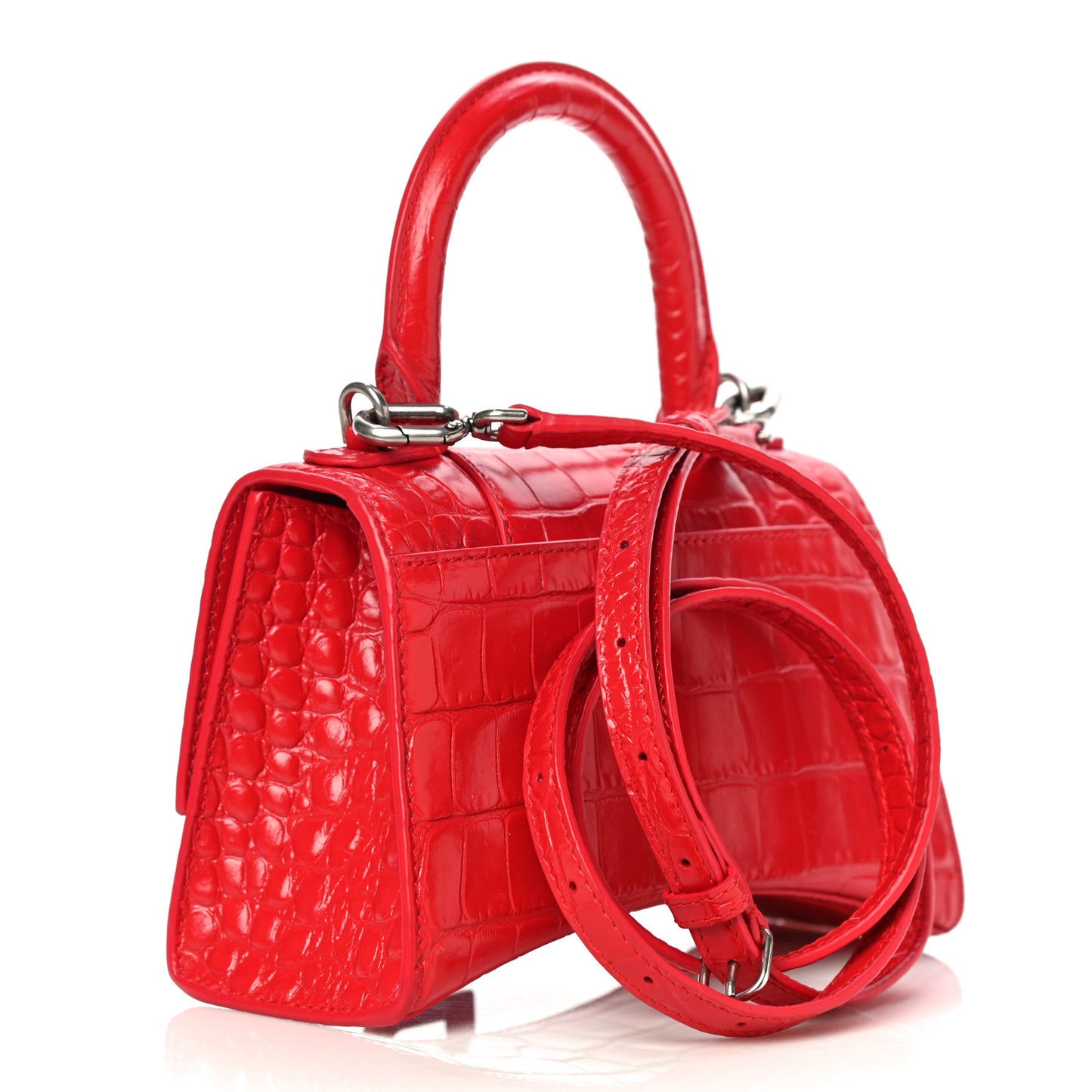 Shiny Calfskin Tonal B Crocodile Embossed Hourglass Top Handle Bag XS Bright Red