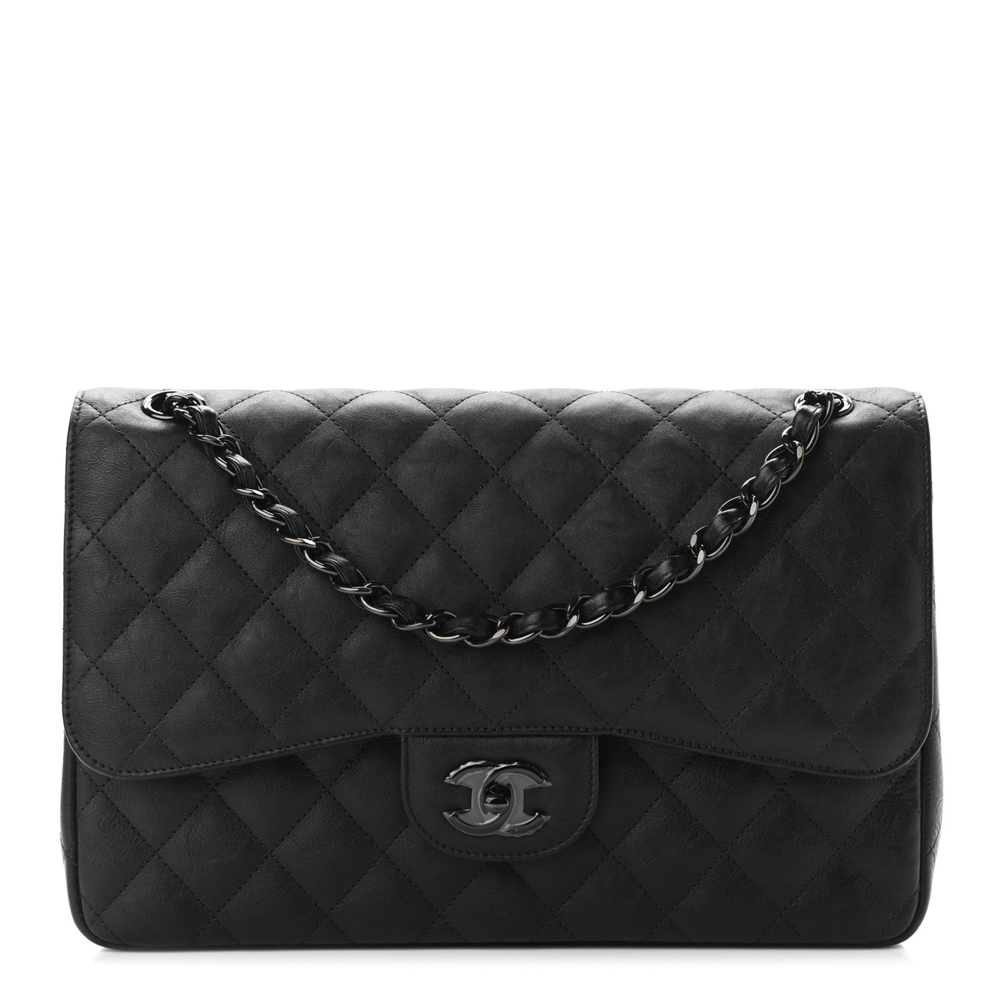 Crumpled Calfskin Quilted Jumbo Double Flap So Black