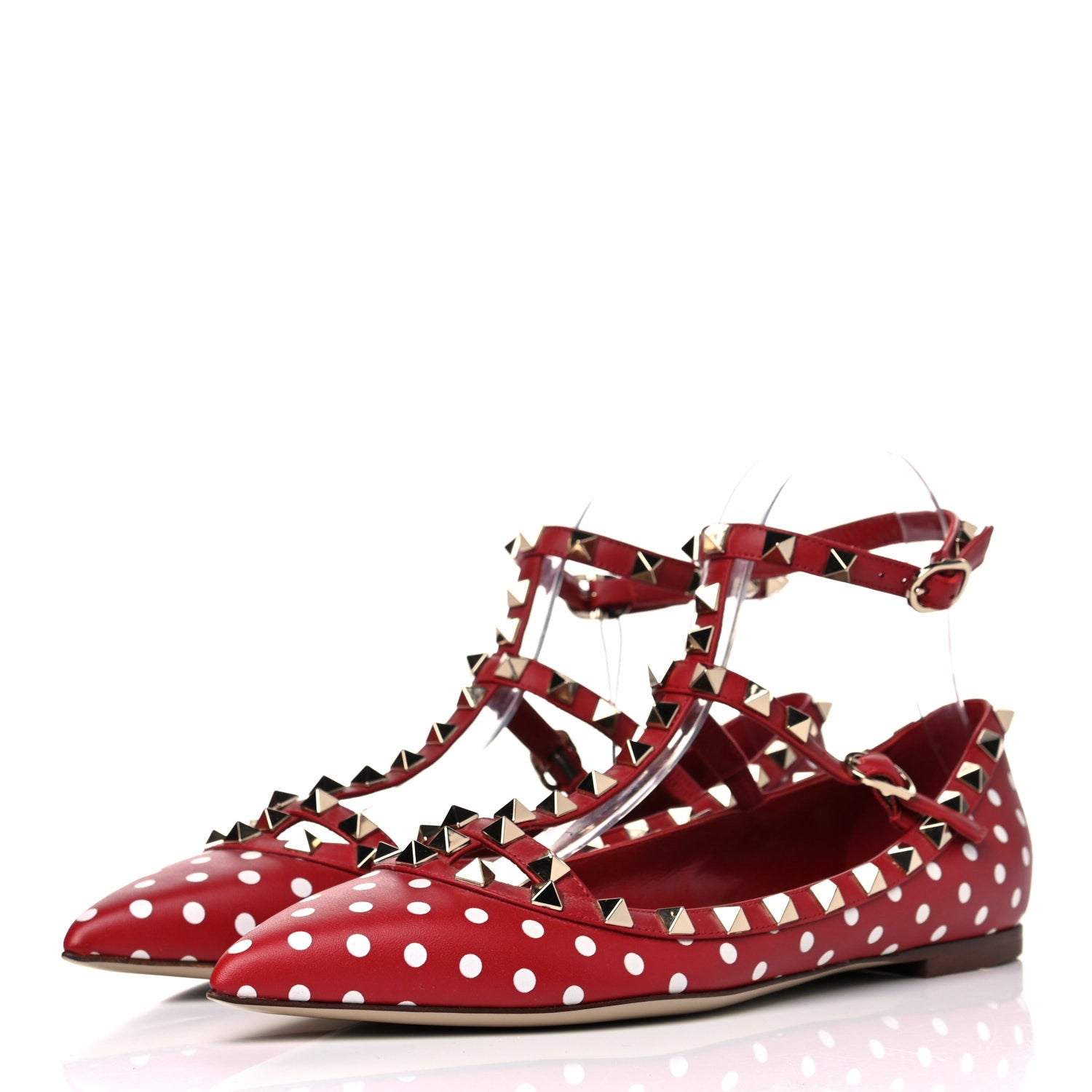 Valentino Garavani Calfskin Polka Dot Print Rockstud Cage Ballerina Flats 37.5 Red White 3 of 11