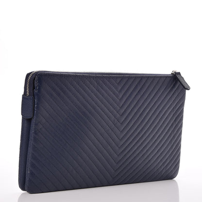 Chanel Caviar Chevron Quilted Large Zipped Clutch Navy 3 of 10