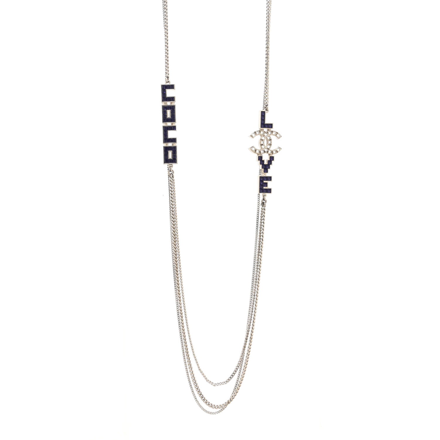 Chanel Baguette Crystal Coco Love CC Long Necklace Silver Purple 1 of 3