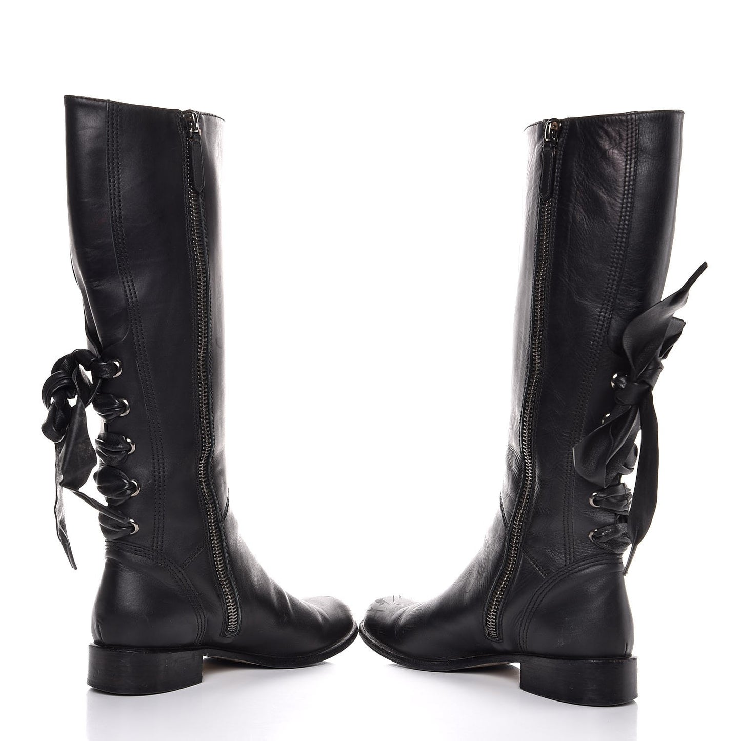 Nappa Ascot Ribbon Lace Up Riding Boots 37 Black