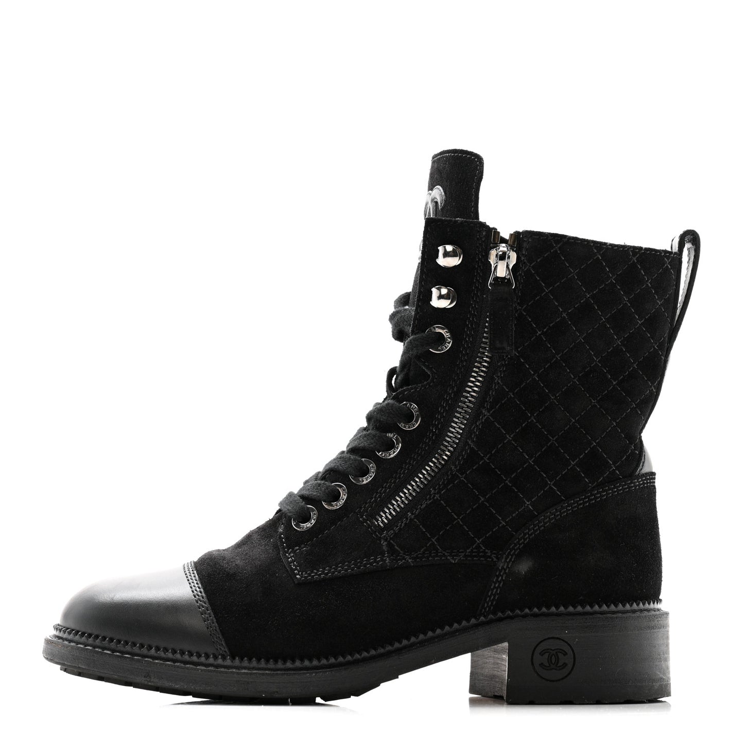 Suede Calfskin Quilted Lace Up Boots 38 Black